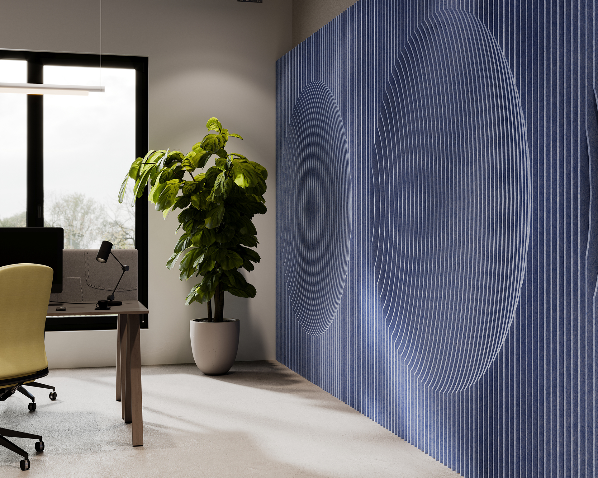 A modern office interior features a wooden desk with a computer, a yellow chair, and a large potted plant. The focal point of the room is a striking blue wall adorned with 3D circular patterns. A window on the left allows natural light to illuminate the space.