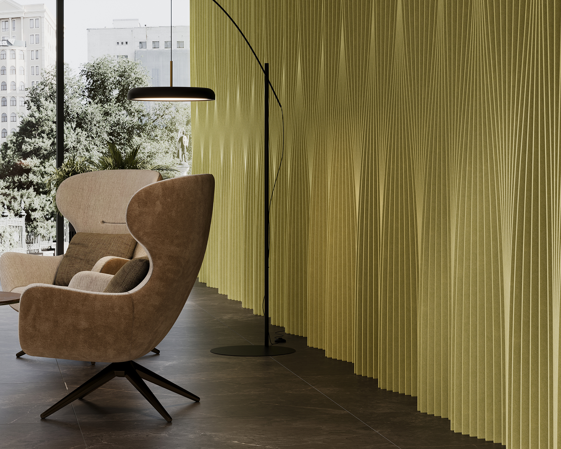 A modern lounge area features two brown, high-back swivel chairs with fabric upholstery. A tall, curved floor lamp with a black shade is nearby. The backdrop is a wall with textured, gold-colored panels. Large windows offer a view of trees and buildings outside.