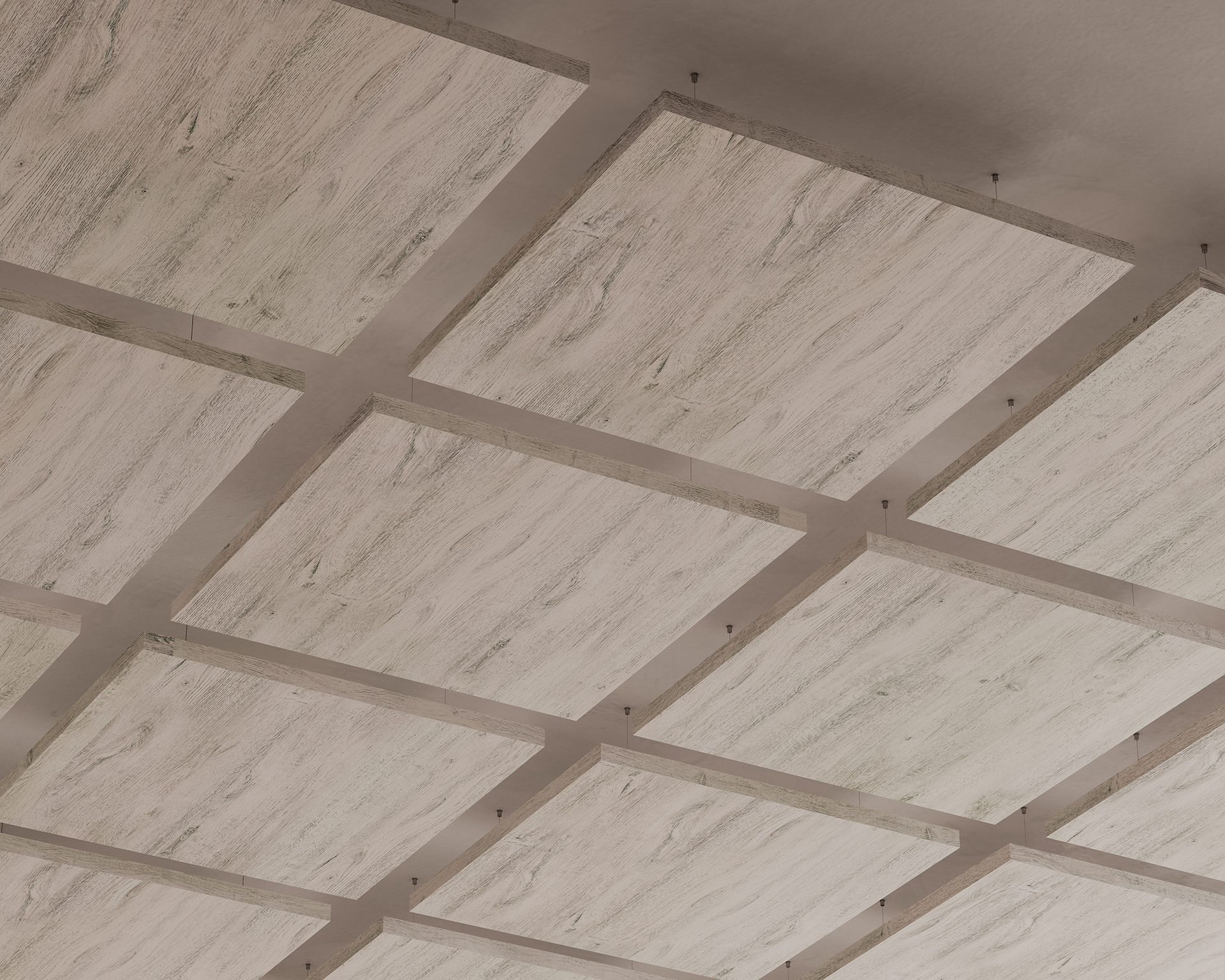 A close-up view of a ceiling with large, square, textured acoustic felt panels arranged in a grid pattern. The panels have a light, weathered appearance, and are suspended with small metal rods at the corners. The overall look is modern and rustic.