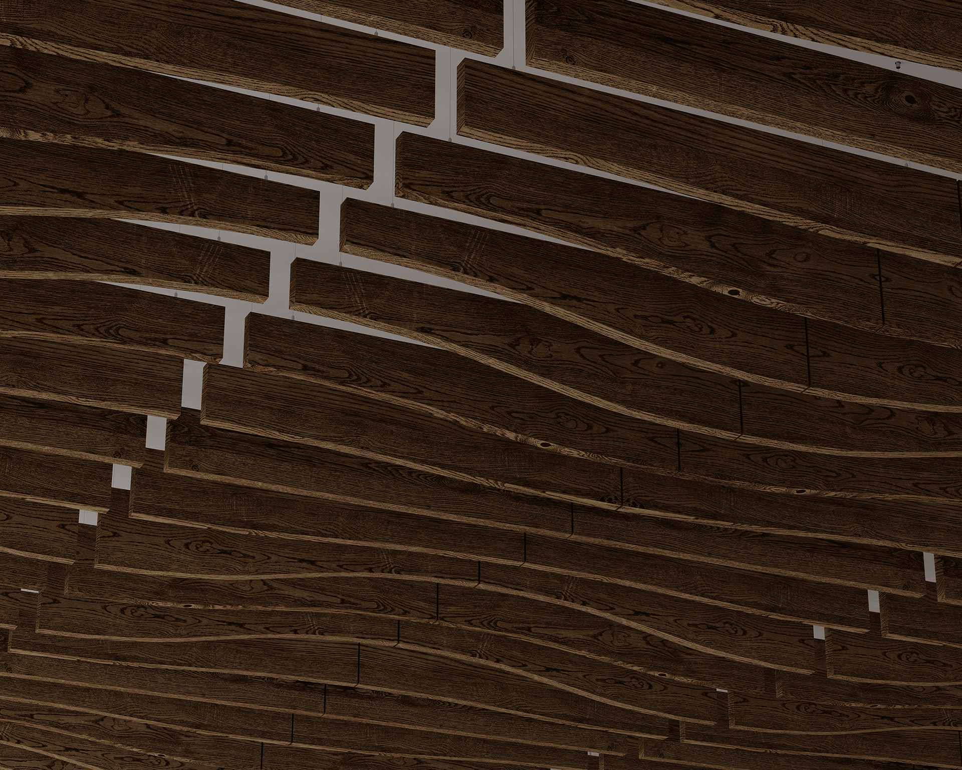 A wavy woodgrain acoustic felt ceiling features dark brown, unevenly spaced planks with visible wood grain patterns. Gaps between the planks create a visually dynamic and textured design. The ceiling has a modern, artistic appearance.