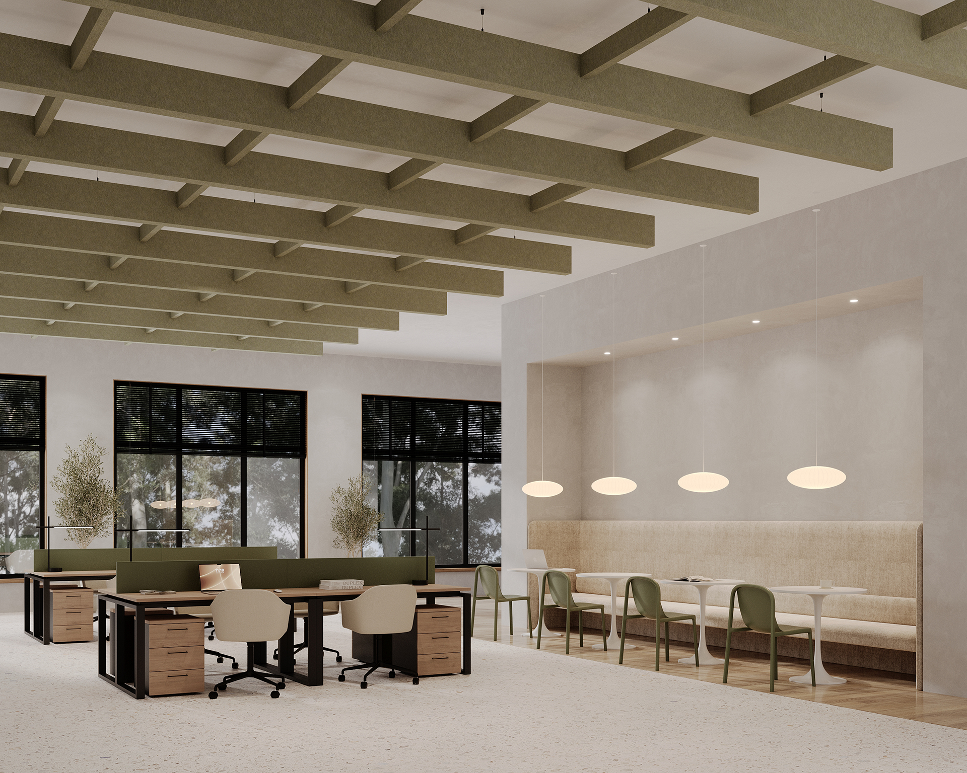 Modern office space featuring an open layout with workstations equipped with chairs and desks, and a separate lounge area with green chairs and beige cushioned seating. Acoustic felt ceiling beams and pendant lights enhance the contemporary design. Large windows with outdoor views.