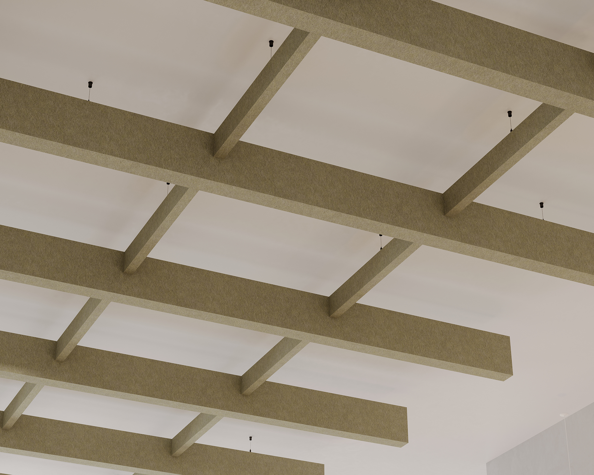The image shows a close-up view of an acoustic felt ceiling with an exposed grid beam structure. The beams form rectangular sections and are aligned uniformly across the space, giving the ceiling a geometric and architectural appearance. The background shows a smooth white ceiling.