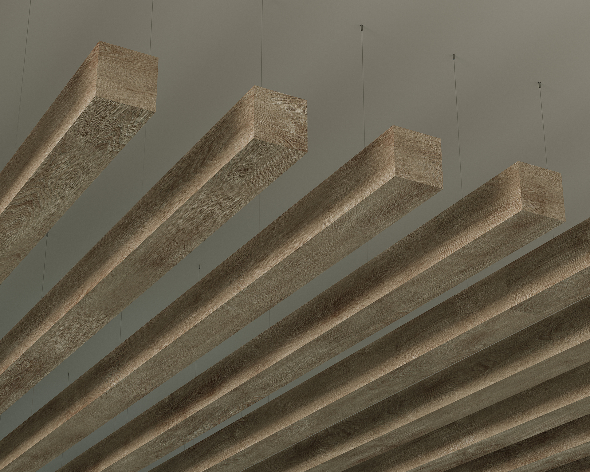 Close-up view of several woodgrain ceiling beams hanging parallel to each other from the ceiling with thin wires against an olive green background, showcasing the intricate woodgrain and creating a geometric and minimalist design.