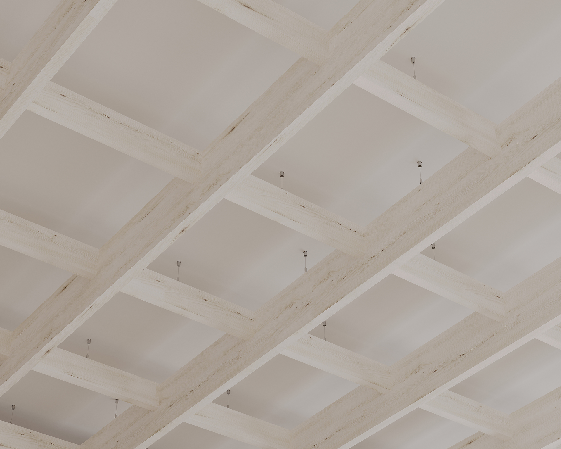 The image shows a close-up view of a ceiling featuring a grid pattern of light woodprint acoustic felt beams. The design creates a series of recessed squares, giving the ceiling a modern and structured appearance. Small hanging fixtures are visible between the beams.