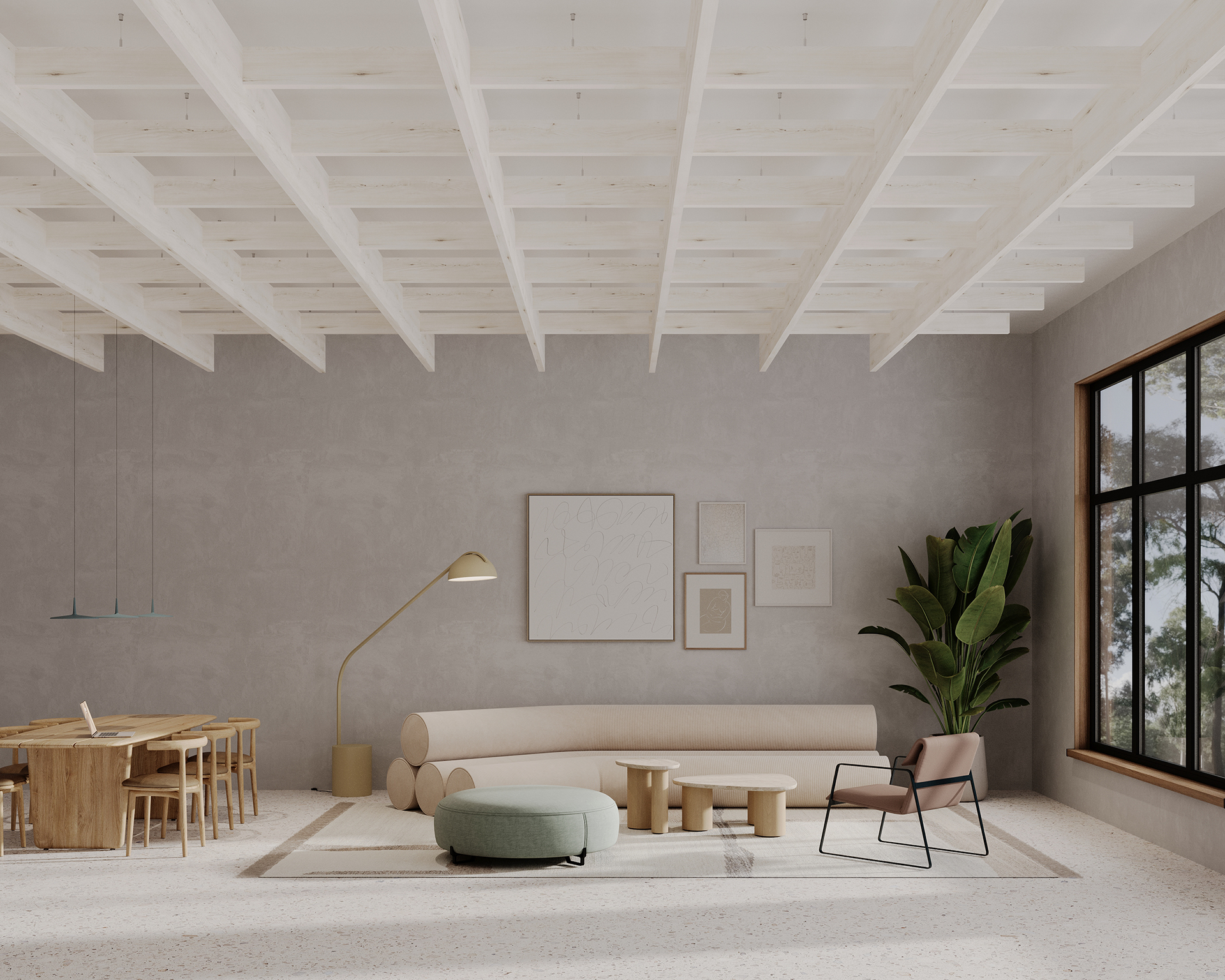 A modern living space with a white exposed-beam acoustic felt ceiling features a curved beige sofa, a green ottoman, and a low wooden table. A floor lamp stands nearby. Large windows offer a view of trees. Adjacent is a dining area with a wooden table and chairs. Wall art adorns the walls.