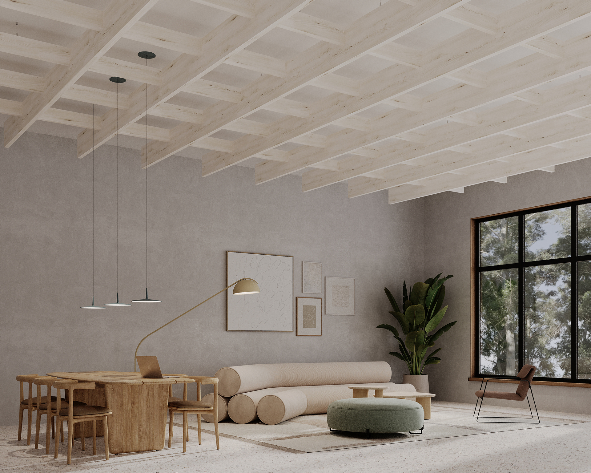 A modern living room with a high, beamed acoustic felt ceiling and large window. There's a wooden dining table with chairs, a minimalist couch with round cushions, a green pouf, a floor lamp, and indoor plants. The walls feature a few framed art pieces.