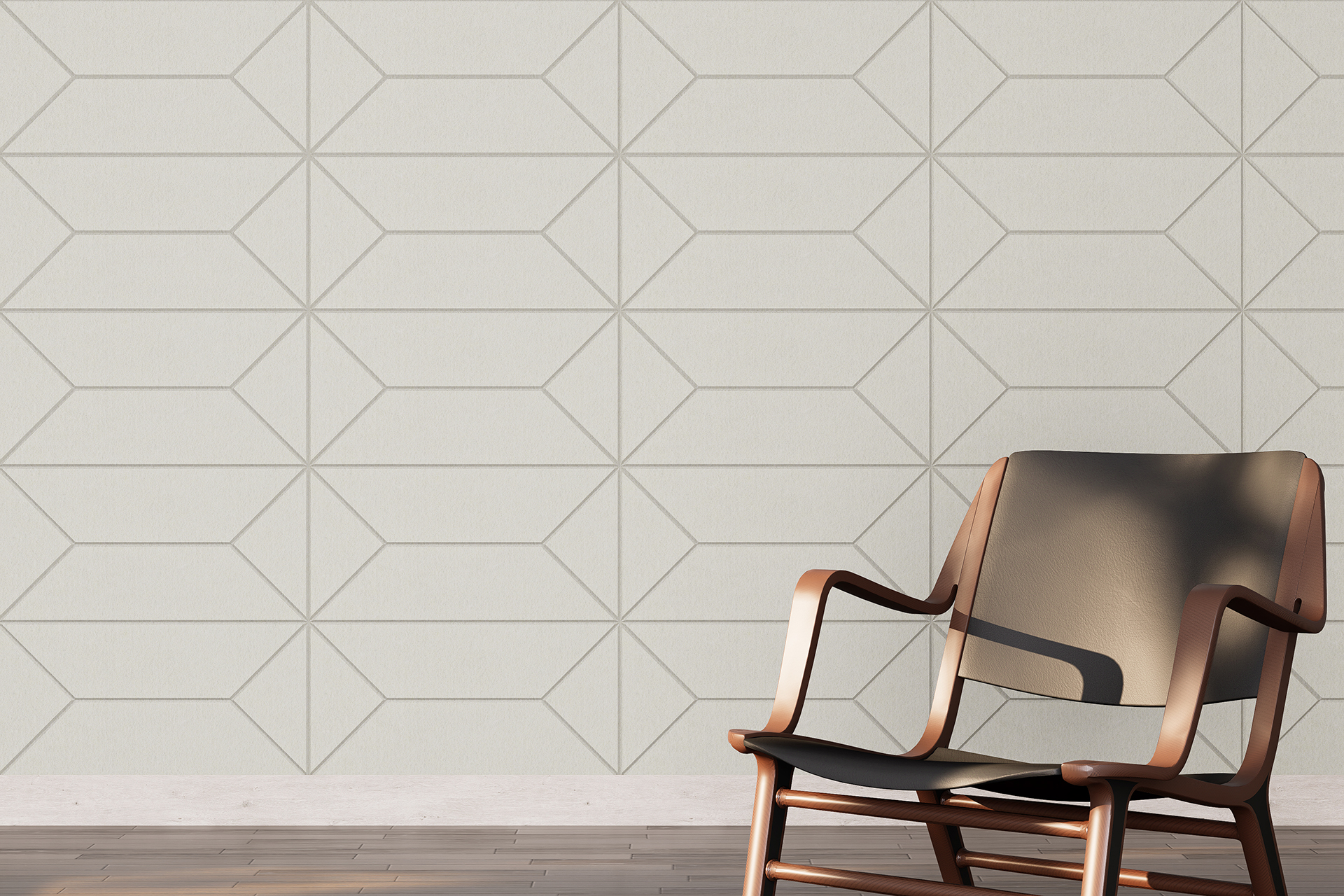 An empty room features a wooden armchair with a black seat and backrest, positioned on a wooden floor. The light gray wall behind showcases a geometric acoustic felt pattern consisting of interlocking hexagons and straight lines.
