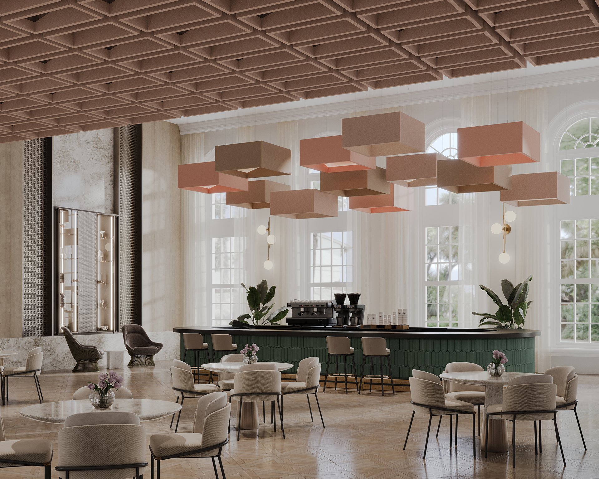 A modern café features stylish seating with round tables and beige upholstered chairs. A green bar with stools sits beneath a geometric acoustic felt ceiling design. Large arched windows allow natural light to flood the space. Plants and floral arrangements add a touch of nature.