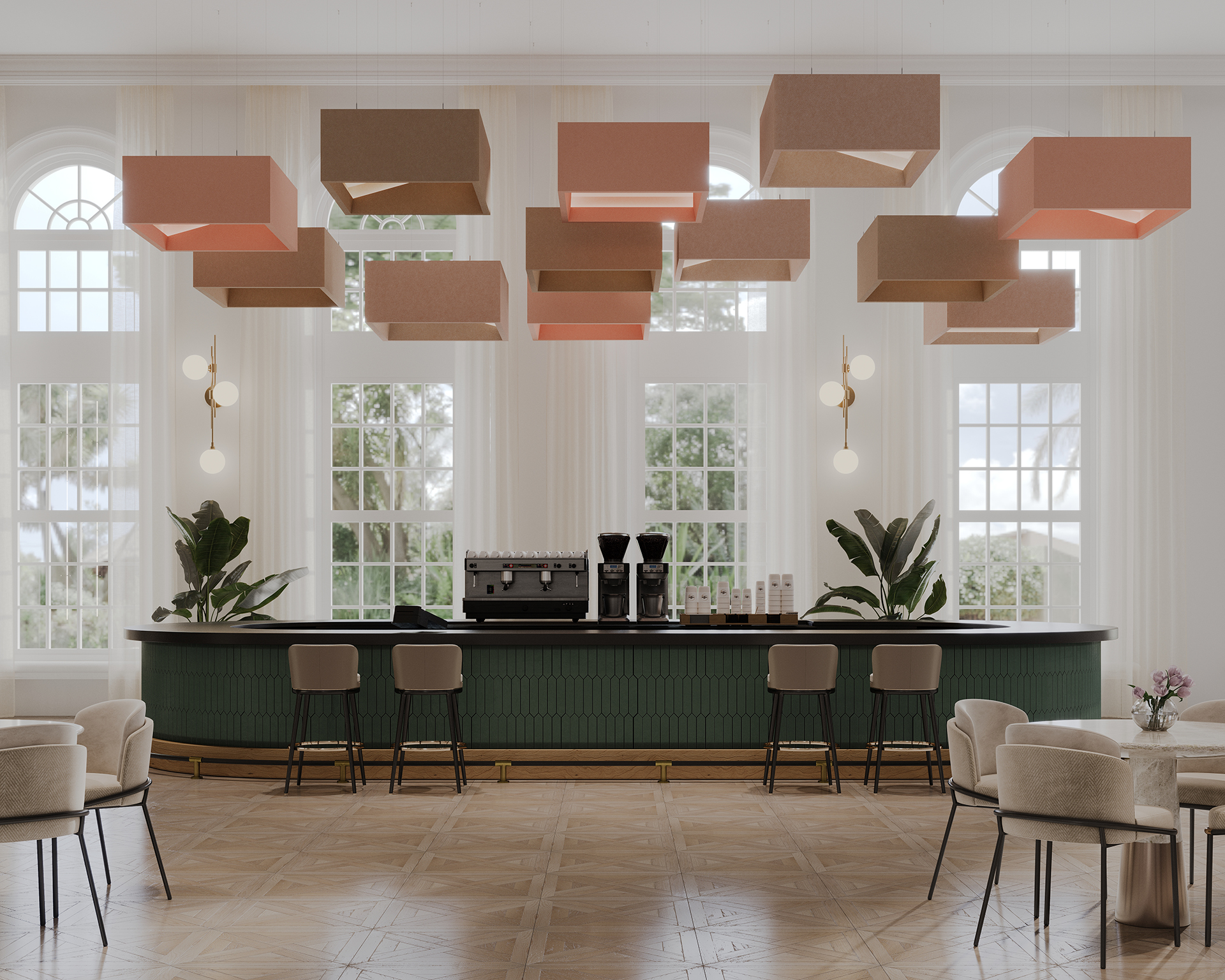 A modern cafe features a sleek, dark green bar counter with a coffee machine and stools lined up in front. Geometric acoustic felt clouds hang from the ceiling, and large windows provide a bright, airy backdrop. The space has sophisticated decor with plants and neutral furniture.