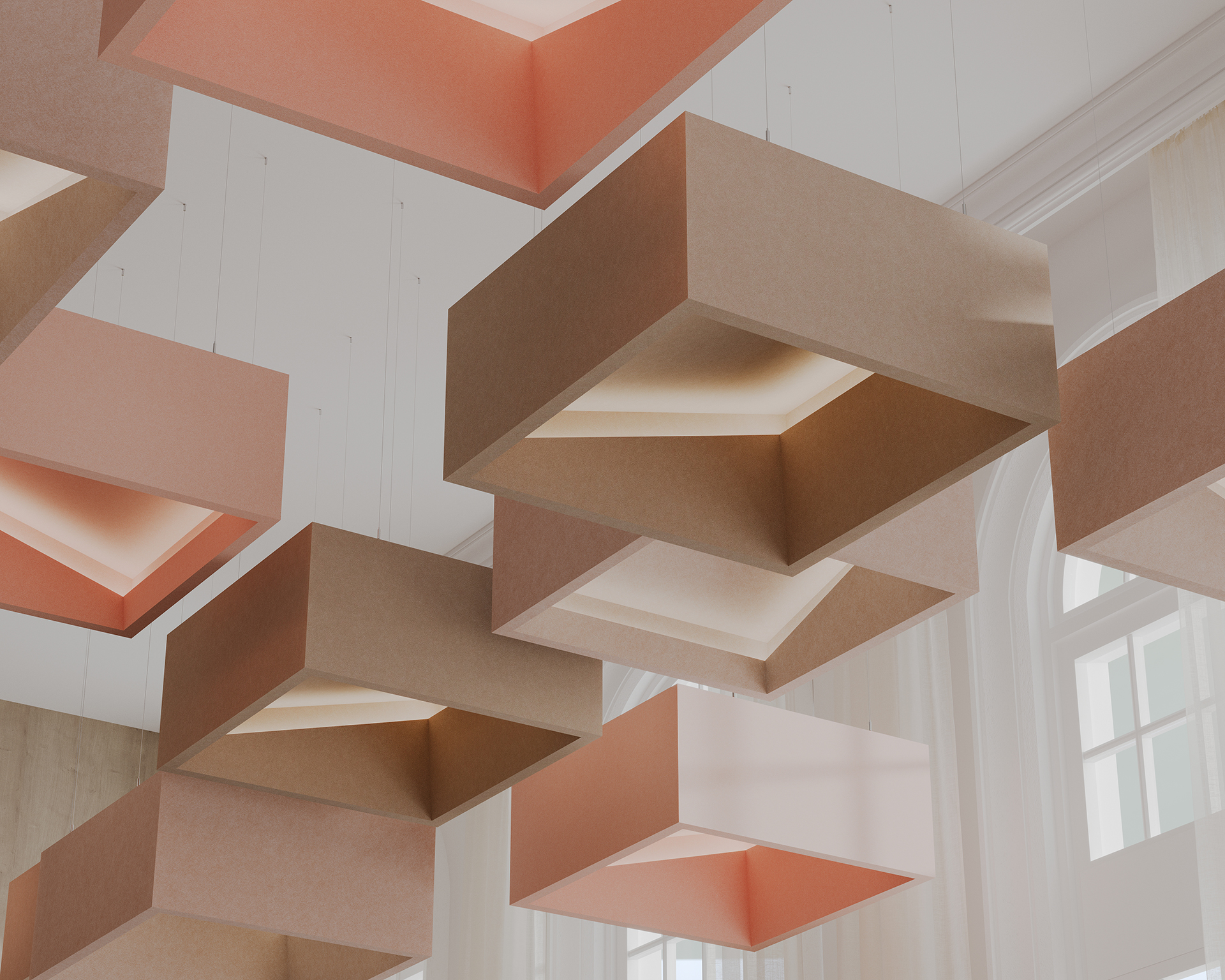 The image shows a modern ceiling installation featuring suspended, geometrically shaped acoustic felt clouds in shades of soft pink and brown. The fixtures are cube-like with open bottoms, allowing light to emanate upwards and creating a minimalist aesthetic.