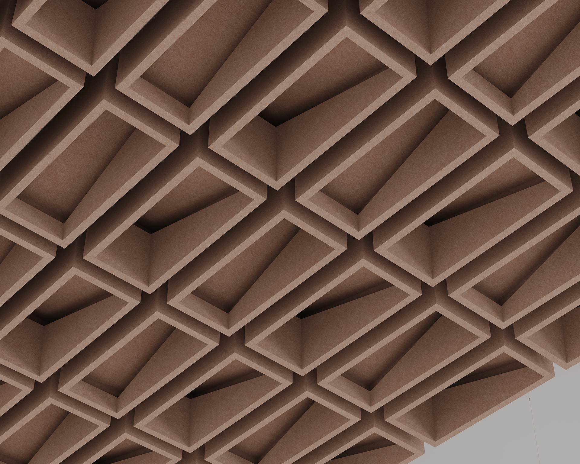 A close-up view of a geometric ceiling design featuring a series of overlapping, rectangular acoustic felt shapes that create a three-dimensional pattern. The shapes are uniformly aligned, and the color palette consists of various shades of brown.