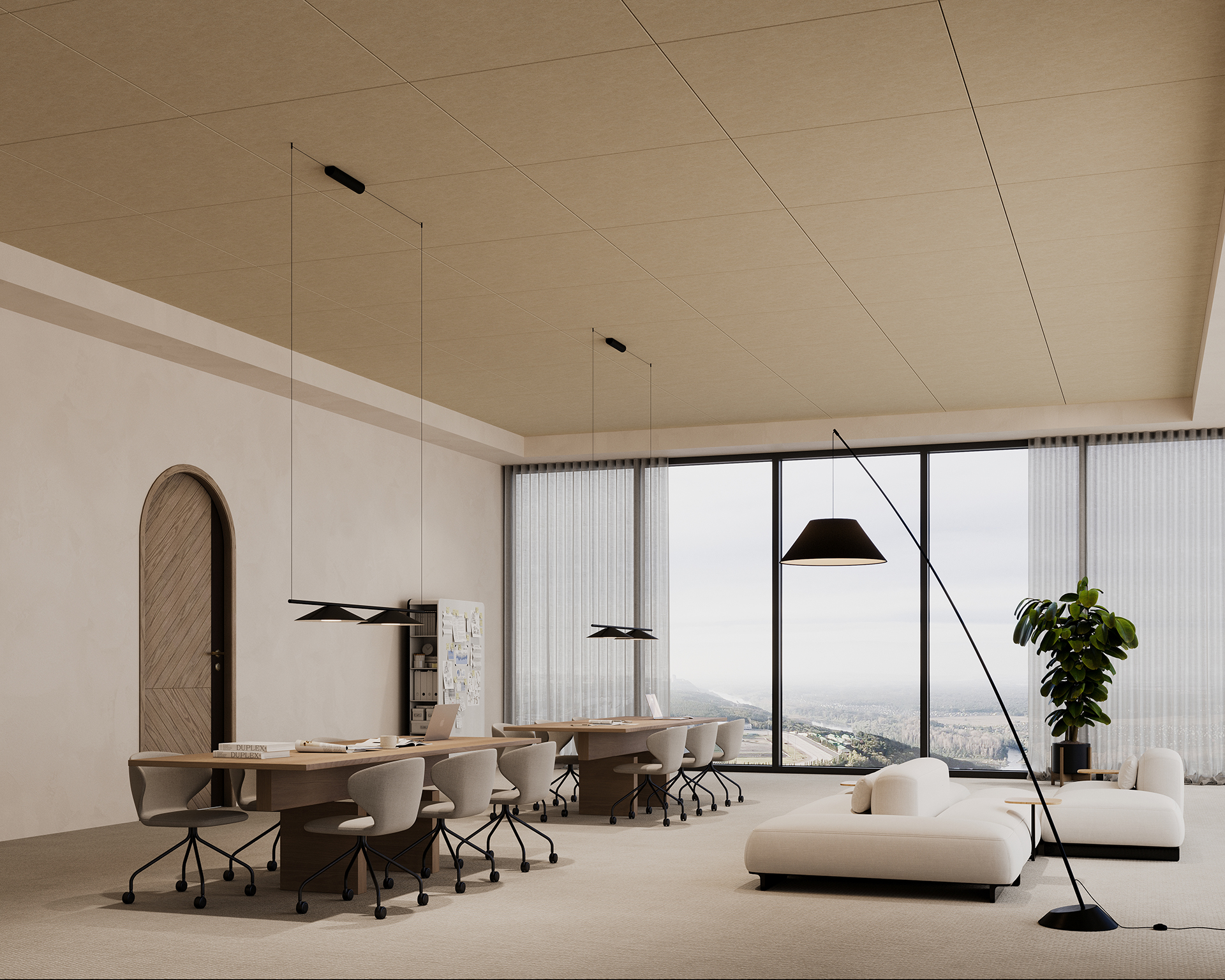 Spacious modern office with minimalist design, featuring long shared wooden desks with grey chairs, an acoustic felt ceiling, a cozy seating area with white sofas, a floor lamp, large windows with sheer curtains offering a city view, and a tall indoor plant.