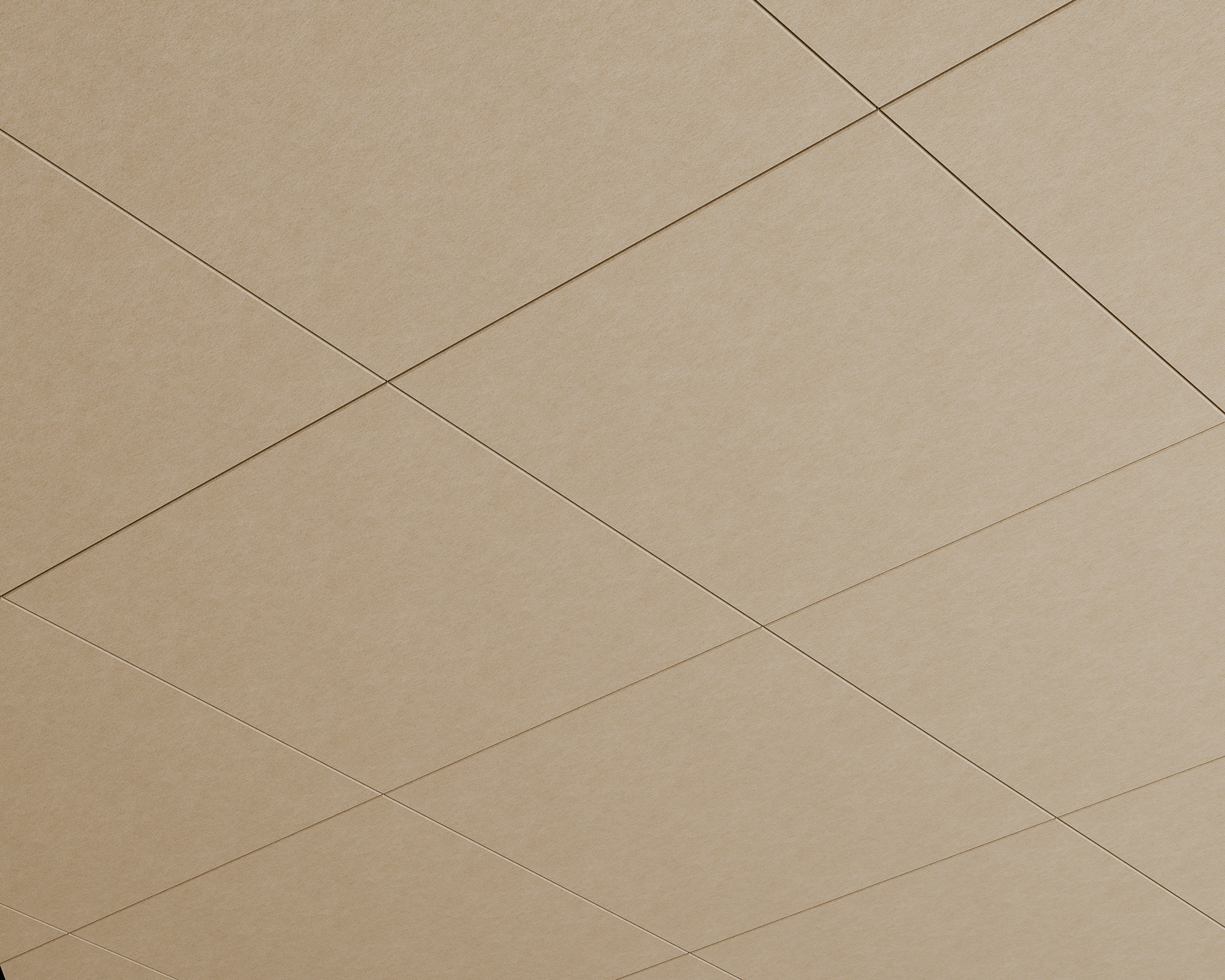 A close-up view of an acoustic felt beige-colored ceiling with intersecting lines forming diamond-shaped patterns. The geometric design creates a visually appealing grid across the surface.
