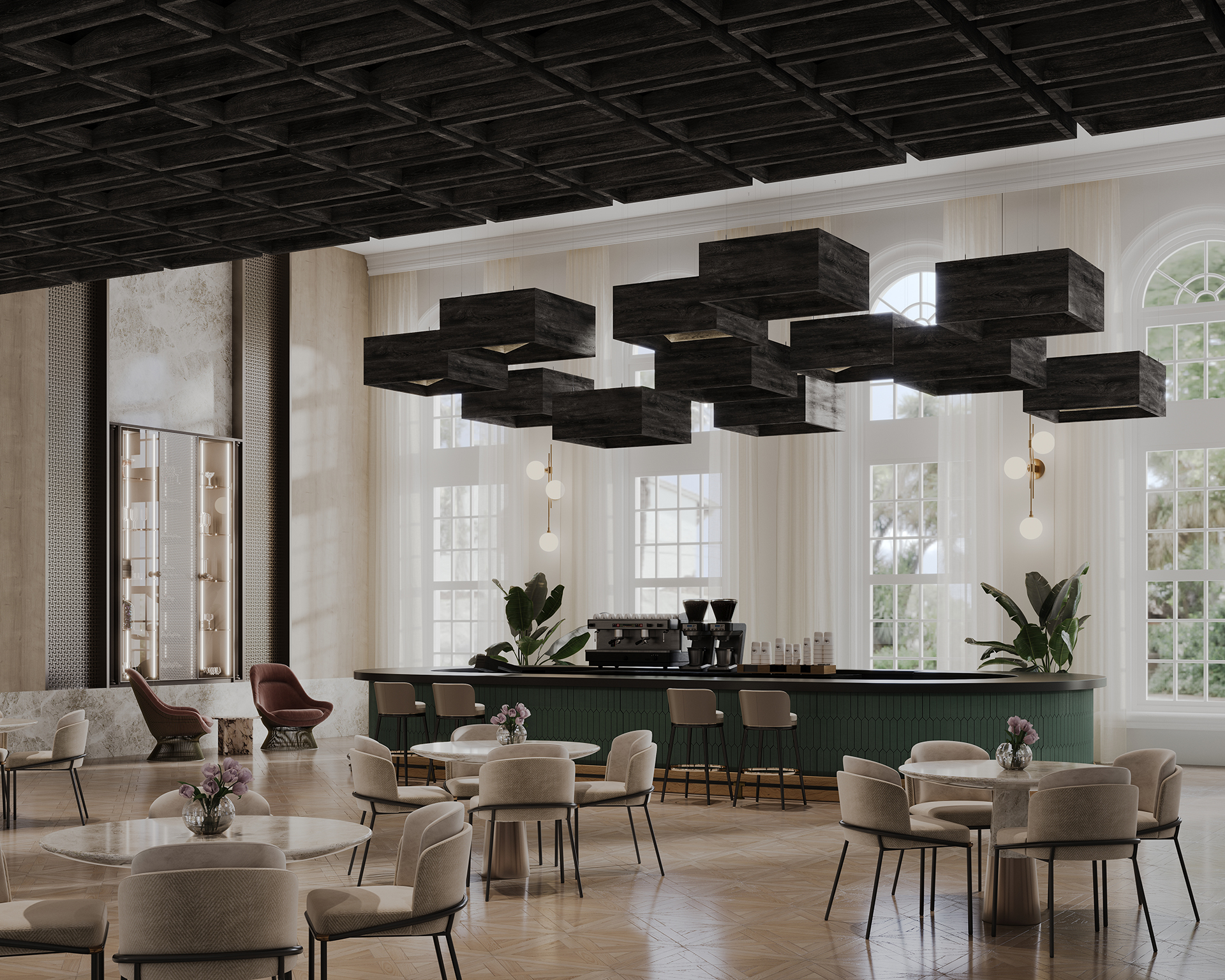 A modern, spacious café features light brown tables and cushioned chairs with a green bar area in the background. Large windows let in natural light, and abstract black acoustic felt ceiling clouds hang above. The décor includes plants and a mix of materials, creating a chic atmosphere.