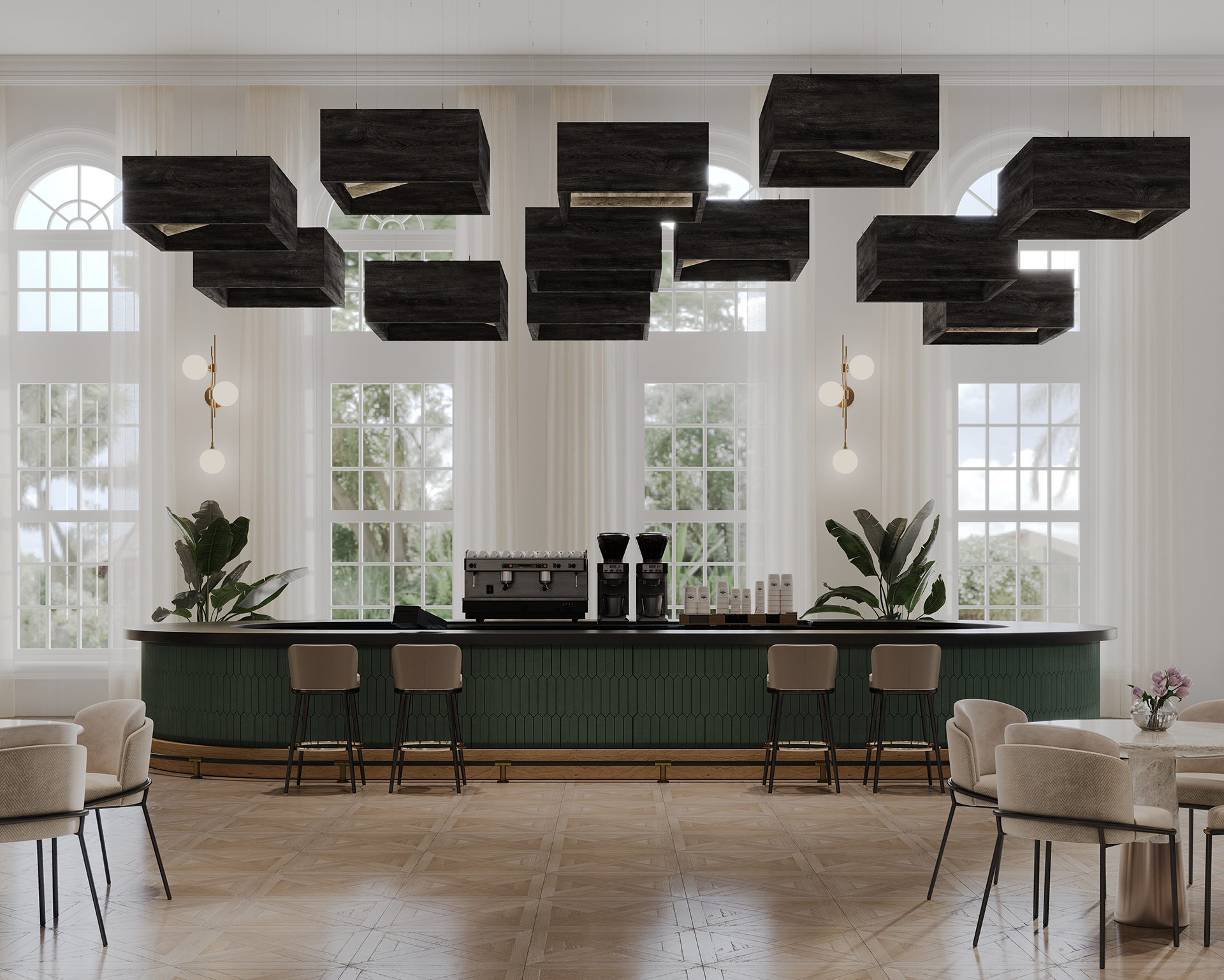 A modern café interior with a long counter and green paneling, black coffee machines, and light wooden bar stools. Large rectangular, black acoustic felt clouds hang from the ceiling. White walls and large arched windows provide ample natural light.