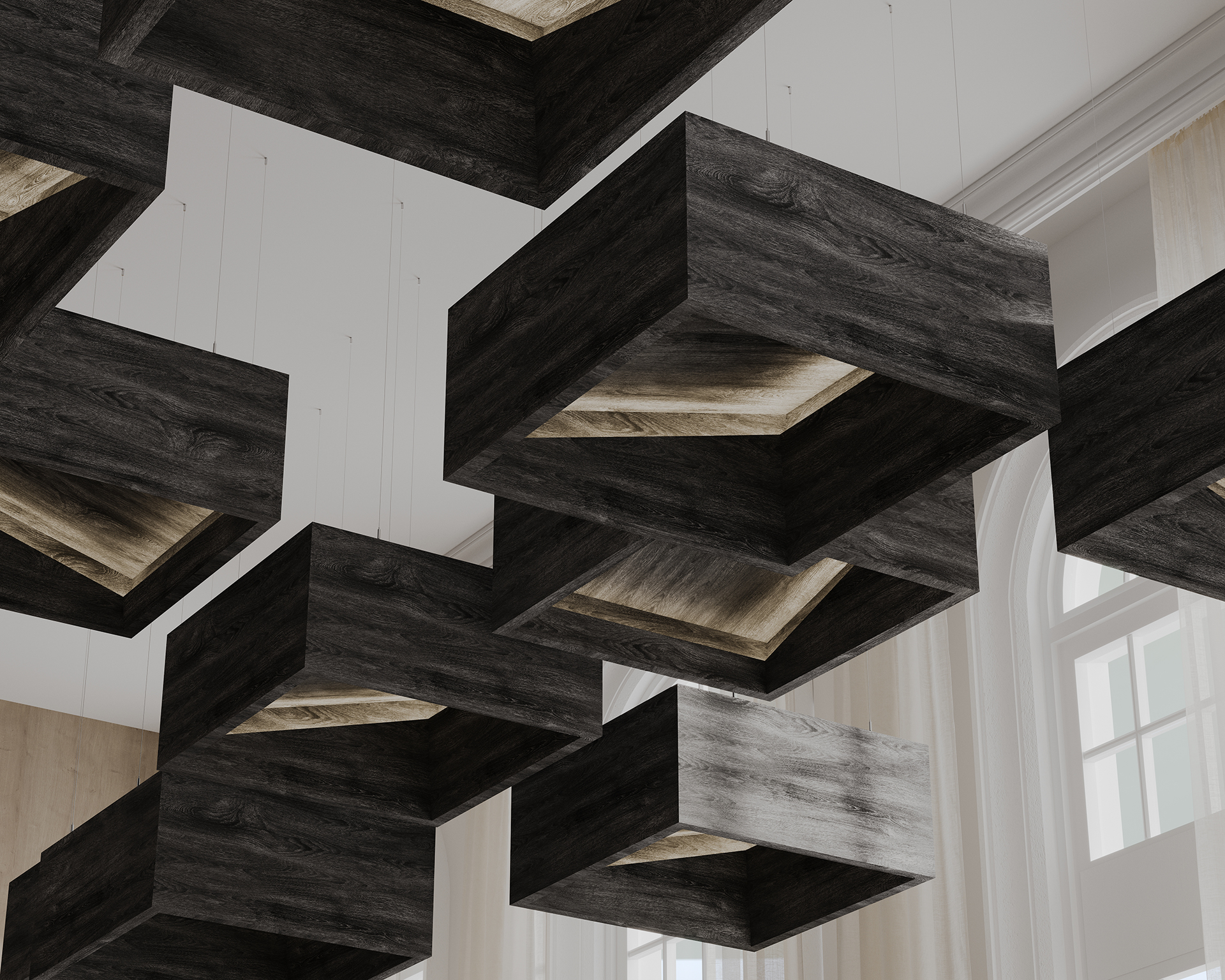 A series of rectangular acoustic felt ceiling clouds with open bottoms hang from the ceiling in a modern, minimalistic room. The background features large windows with white frames and sheer curtains, allowing natural light to illuminate the space.