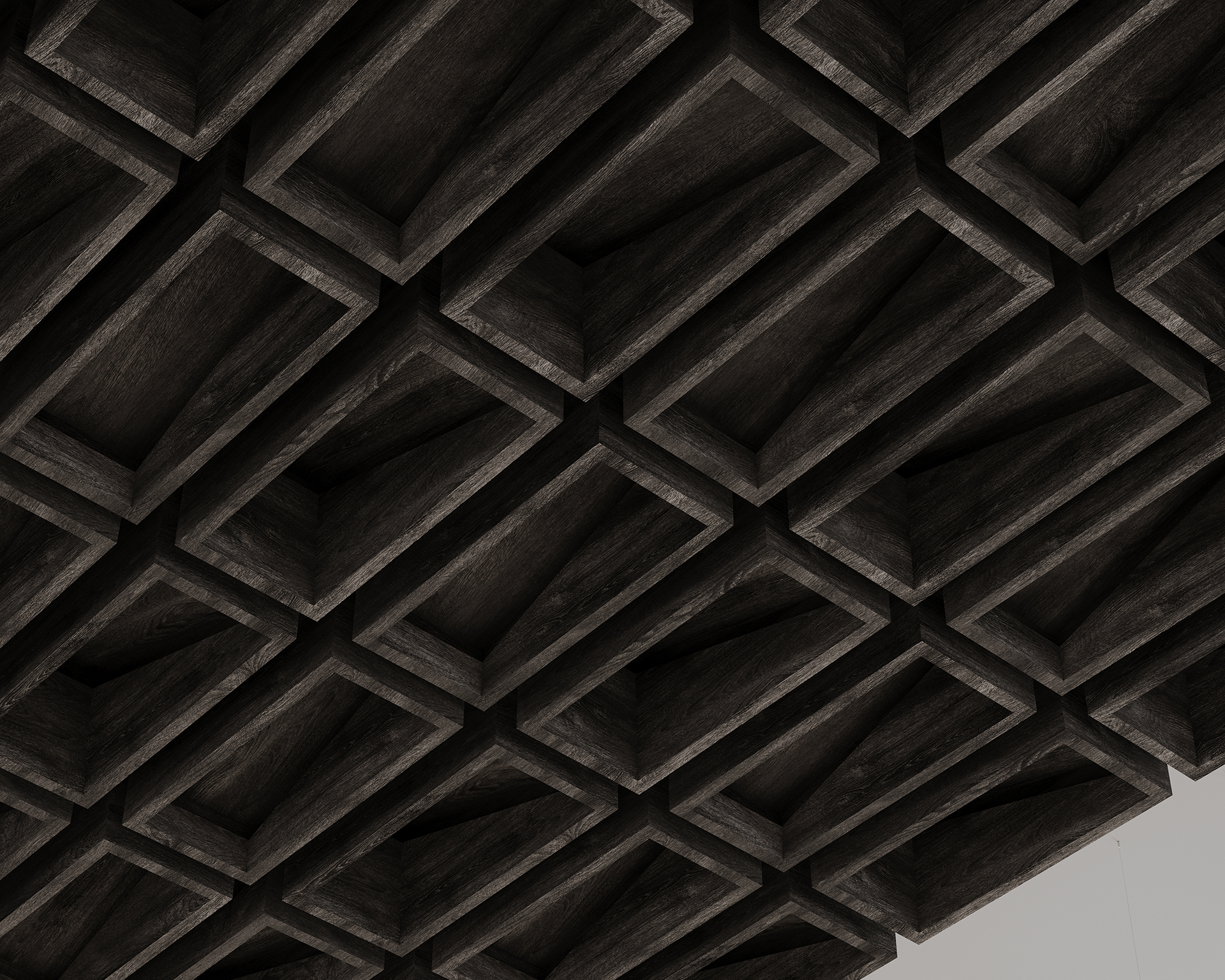 An abstract geometric pattern composed of interlocking rectangular acoustic felt prisms in a dark color. The intricate design creates a visually engaging 3D effect with varying depths and shadows.