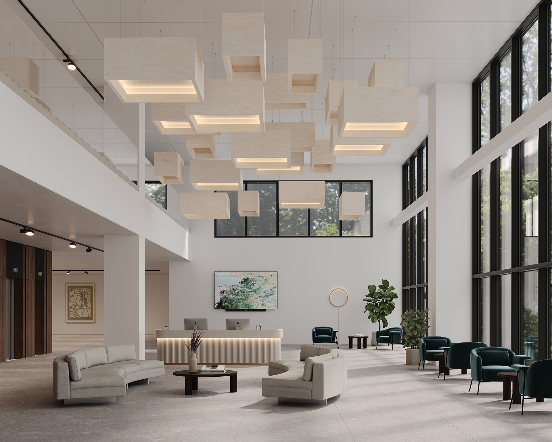 Modern office waiting area with large windows allowing natural light. The space features light-colored couches, green armchairs, and a reception desk. Suspended acoustic felt clouds hang from the ceiling. A large artwork and indoor plants add decor.