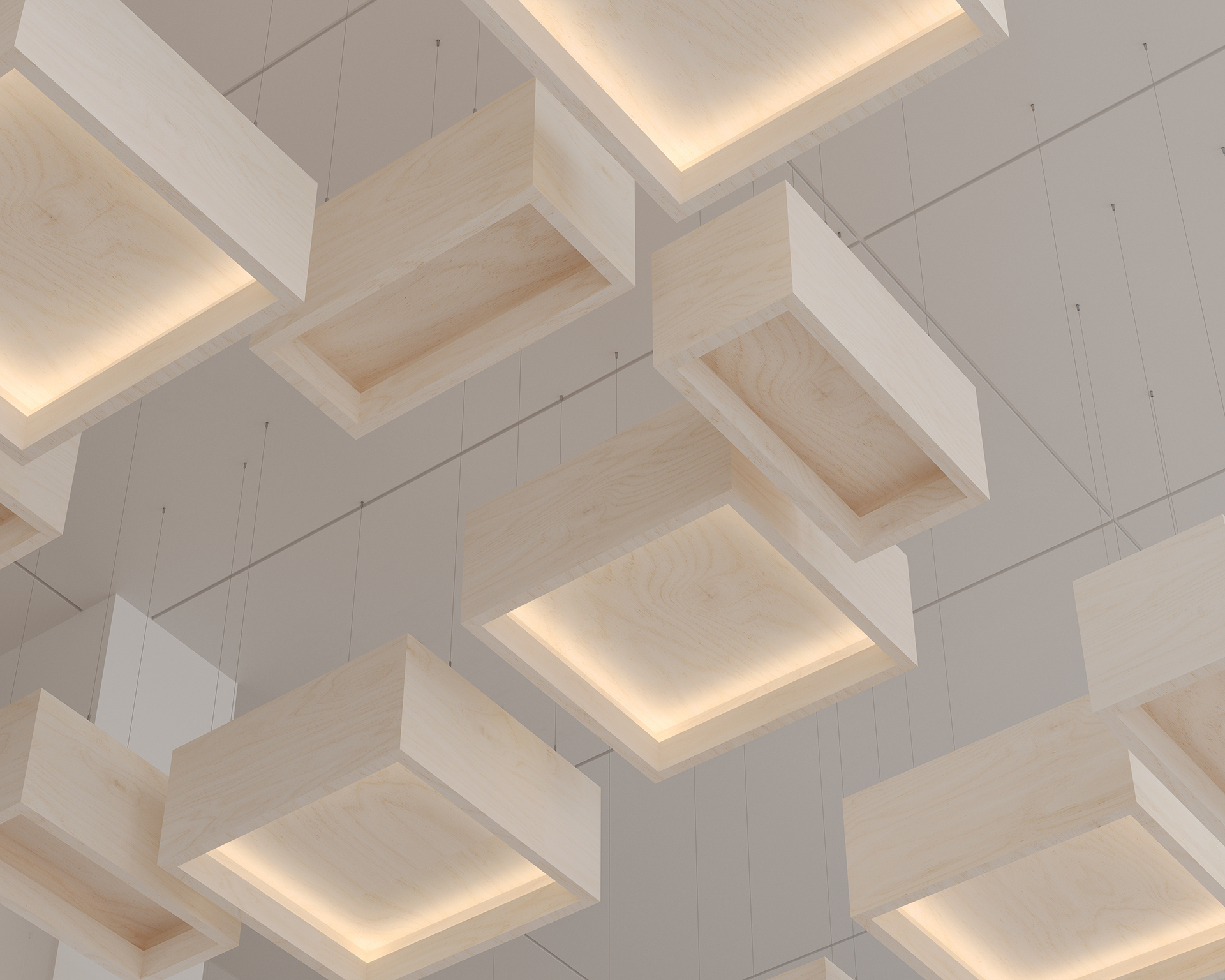 A modern ceiling design featuring square acoustic felt clouds with integrated lighting, creating a suspended, geometric pattern. The panels are evenly spaced, casting a soft, warm glow. The background consists of a grid-like pattern of tiles.