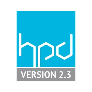 A blue square with the text "hpd" in lowercase, stylized white letters. Below the square, a grey rectangle contains the text "VERSION 2.3" in white capital letters.