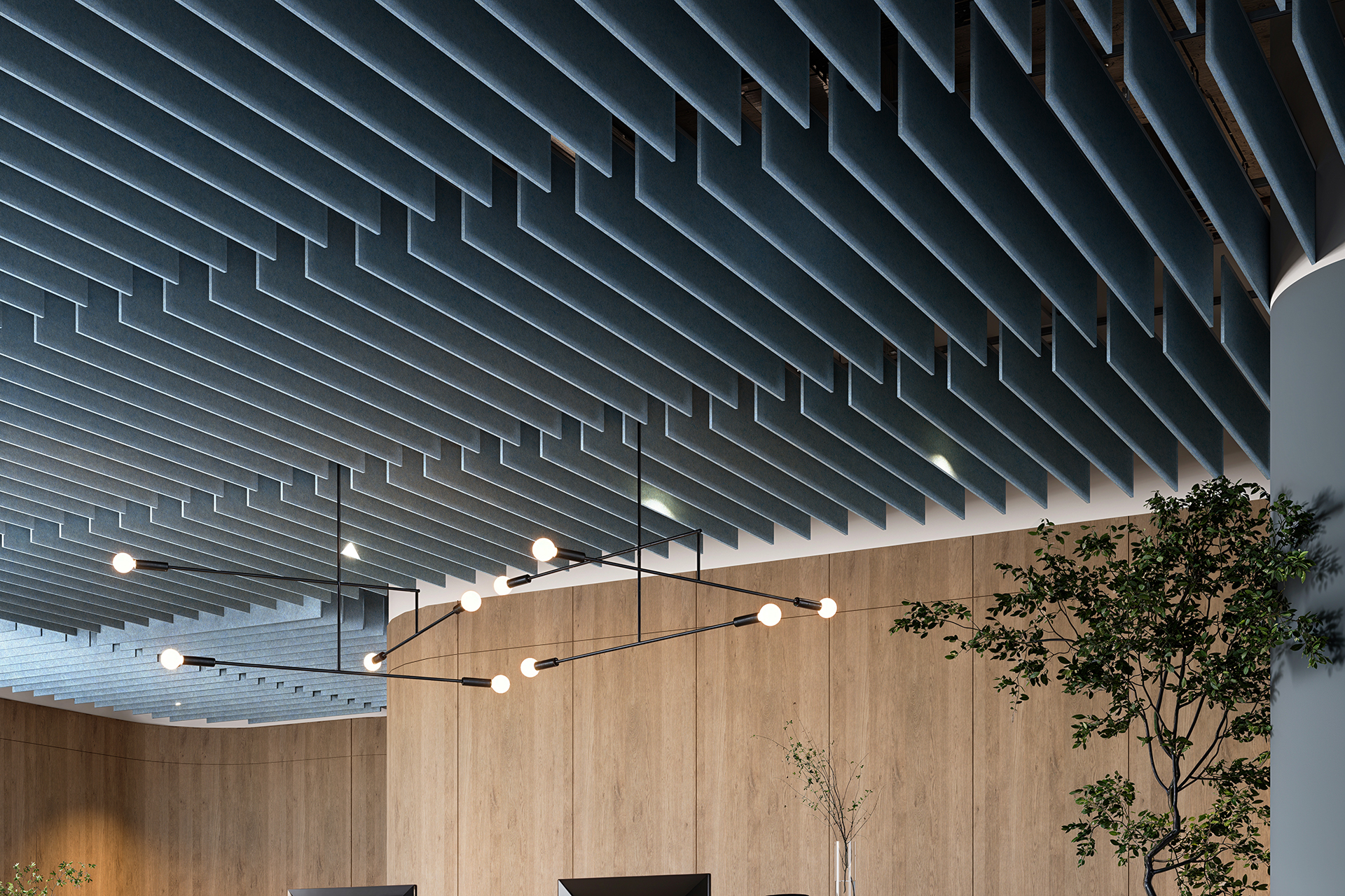 Modern interior with a ceiling featuring dark blue acoustic panels arranged in parallel lines. A black metal chandelier with round white lights hangs from the ceiling. Wooden walls and green indoor plants create a warm, inviting atmosphere.