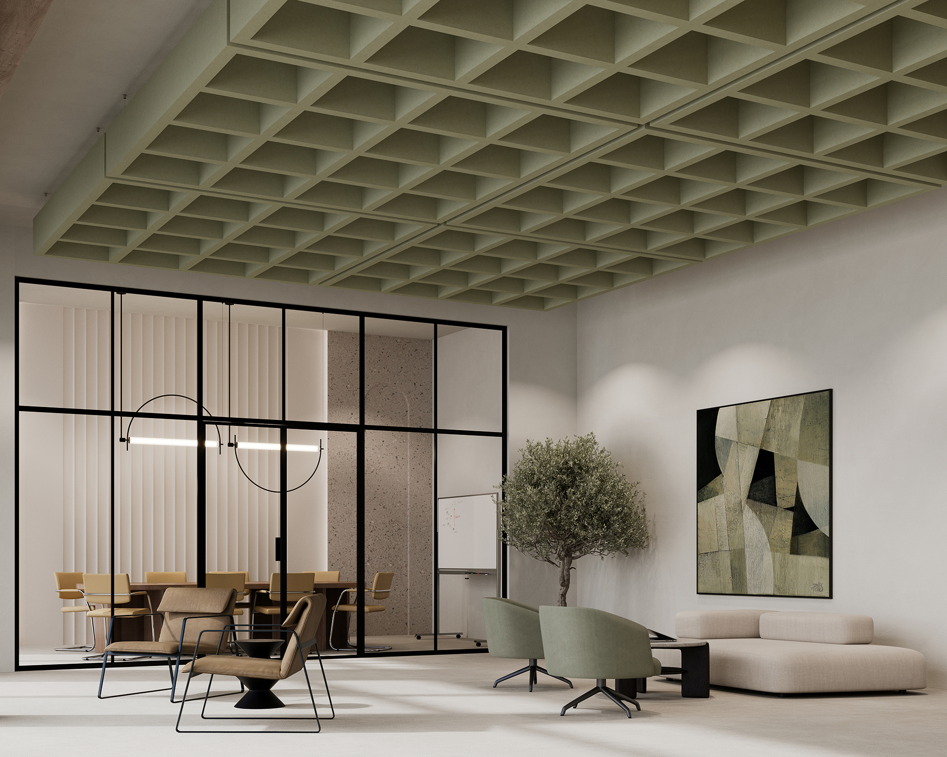 A modern office space with an acoustic felt grid-patterned ceiling, a glass-enclosed meeting room with a table and chairs, a potted tree, abstract wall art, and minimalist furniture in neutral tones.