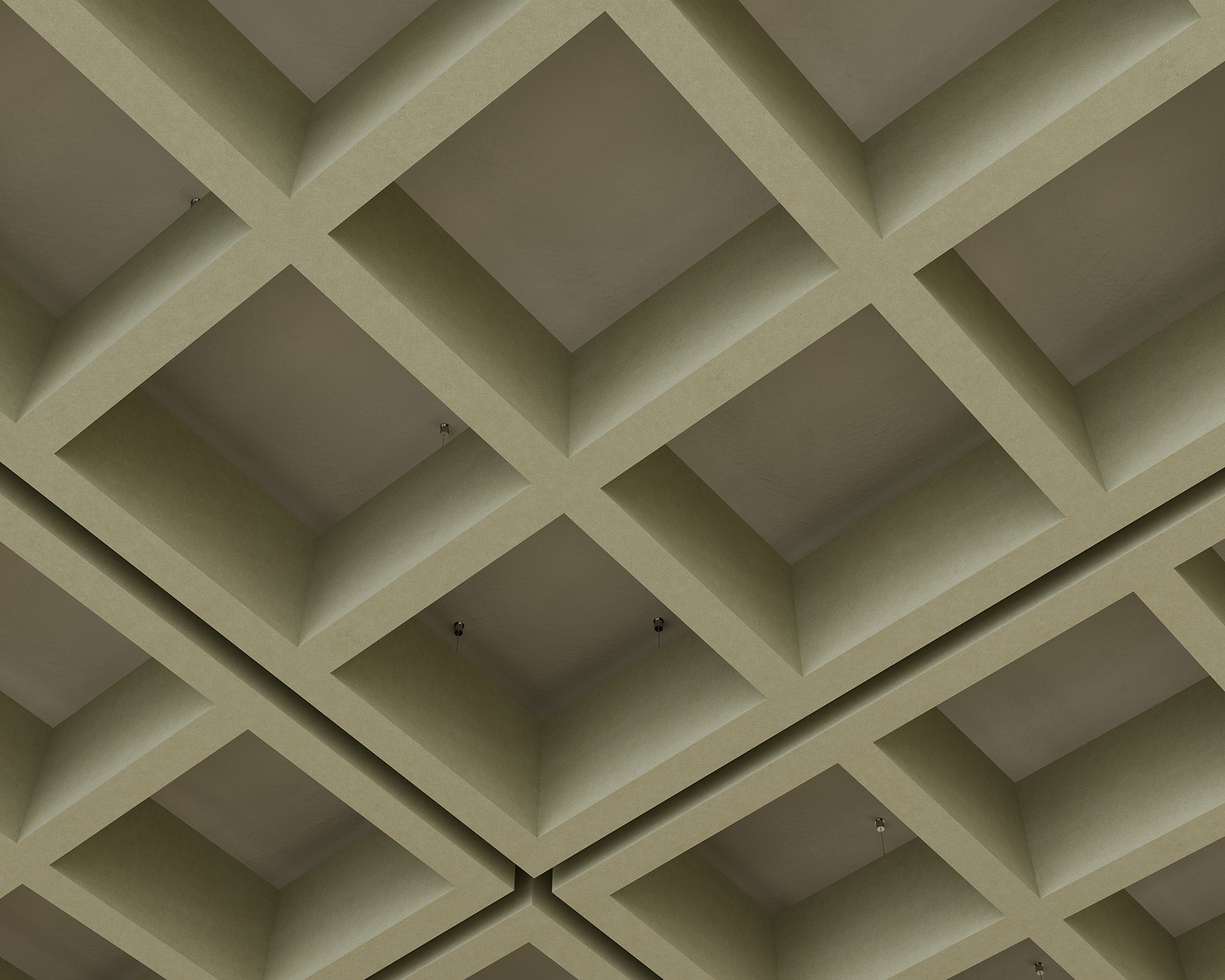 A geometric pattern of square, recessed acoustic felt panels creates a grid-like design on the ceiling. The panels are uniformly arranged, casting subtle shadows within each depression, and adding a sense of depth and texture to the ceiling's surface.