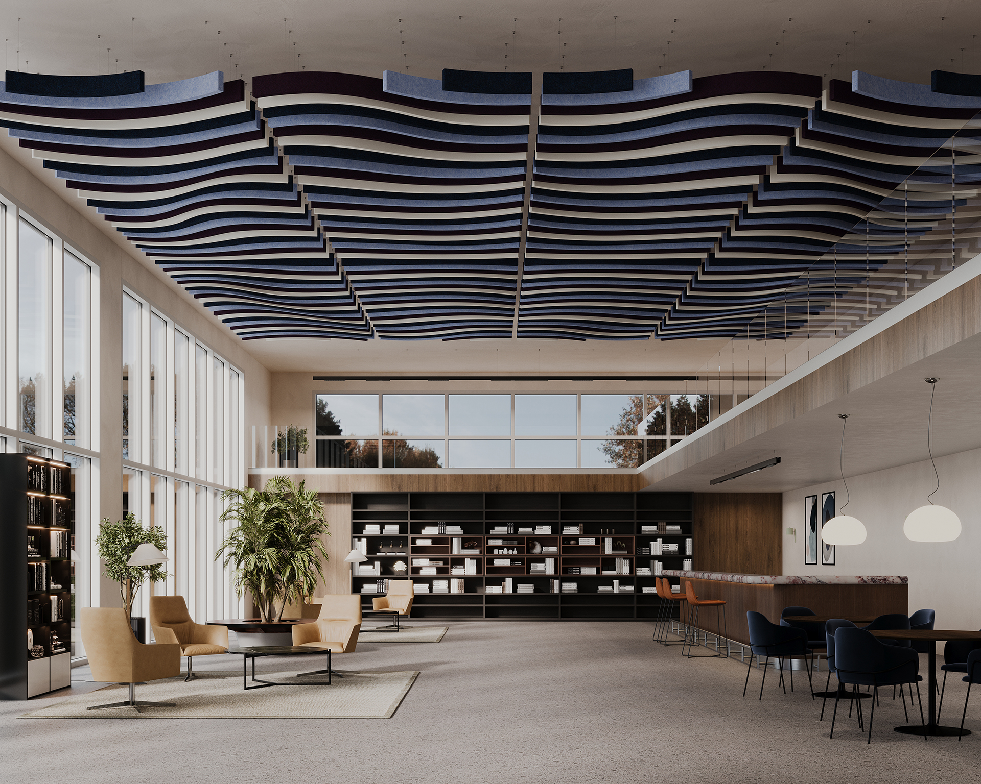 A modern, spacious office lounge with floor-to-ceiling windows. It features blue wave-pattern acoustic felt ceiling baffles, comfortable seating areas with chairs and tables, a bookshelf, and pendant lights above a counter. Large plants add a touch of greenery.