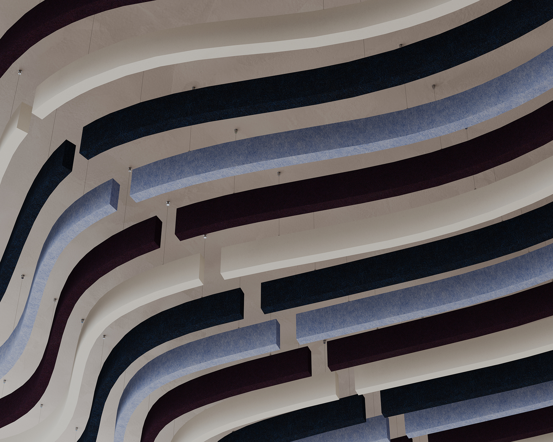 A ceiling features an abstract pattern of curved, alternating dark and light acoustic felt baffles, creating a wavy visual effect. The panels vary in color, including shades of gray, black, and dark red, providing a modern architectural aesthetic.