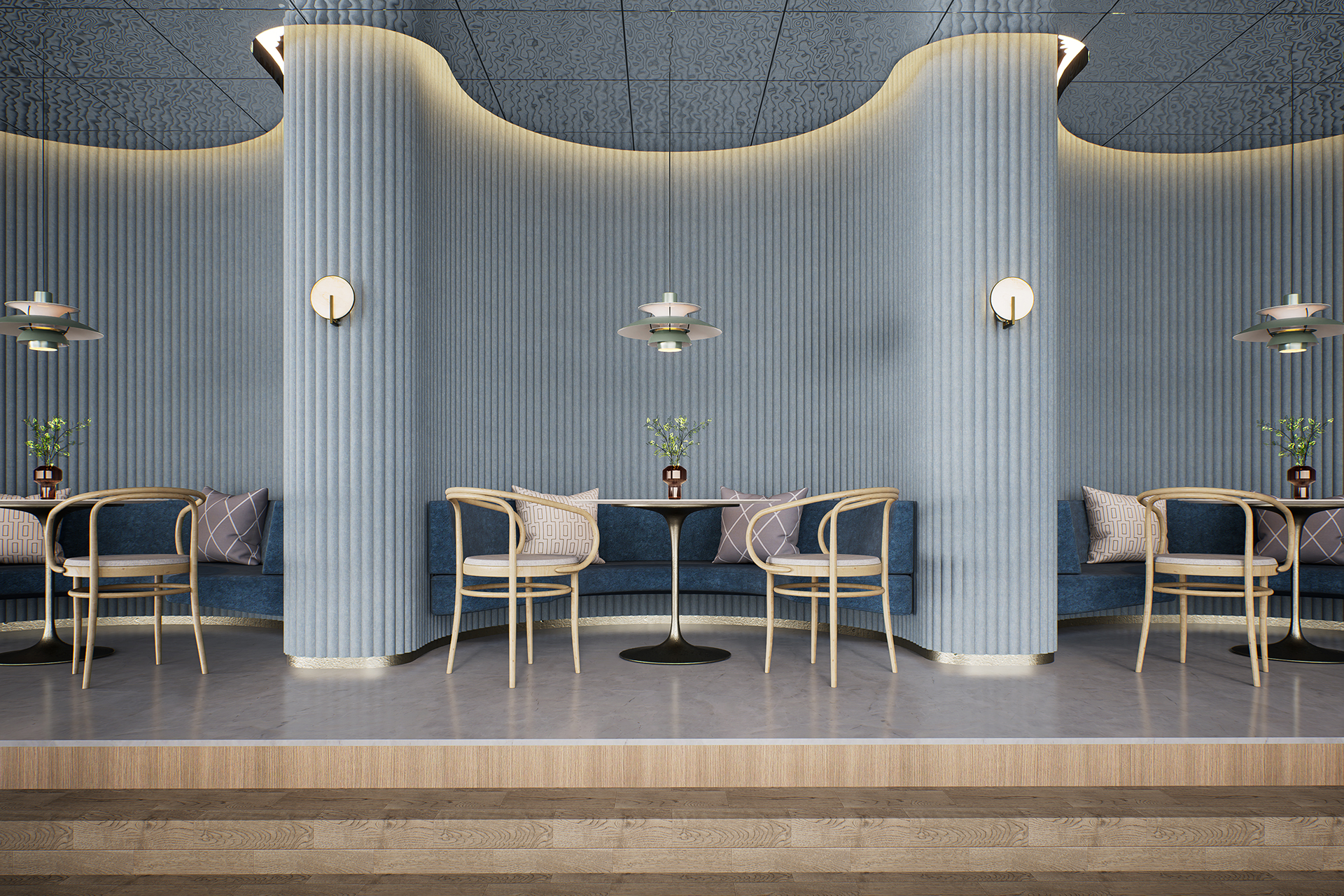 A stylish modern cafe interior with blue acoustic felt textured walls and curved seating. The space features wooden chairs, small round tables, and decorative plants. Wall sconces and pendant lights provide soft illumination. The design is elegant and cozy.