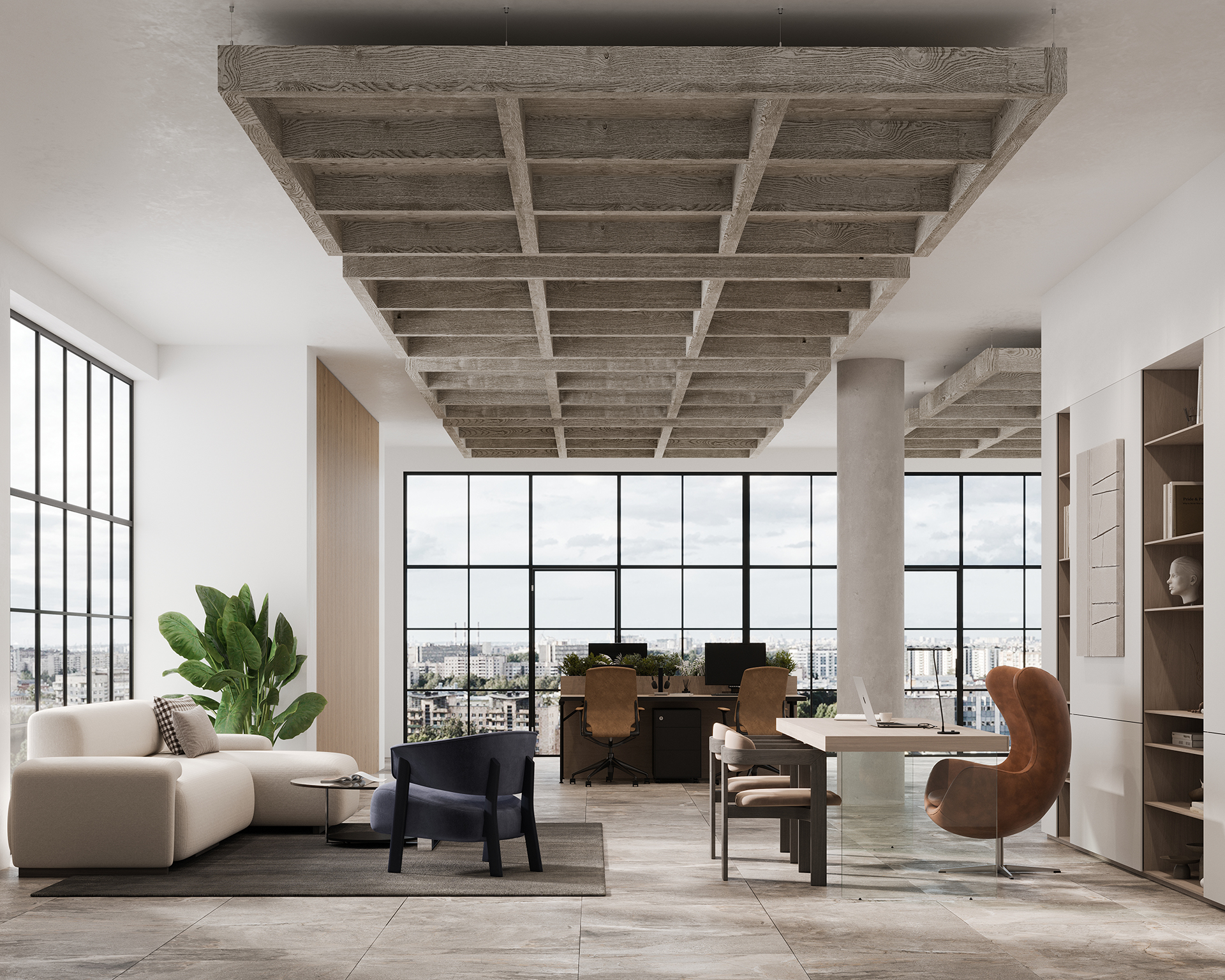 Modern office space with large windows, a white sofa, black chair, glass table with brown chairs, computers on desks, and decorative shelves. An acoustic felt ceiling design and potted plant add to the contemporary aesthetic. City skyline visible outside.