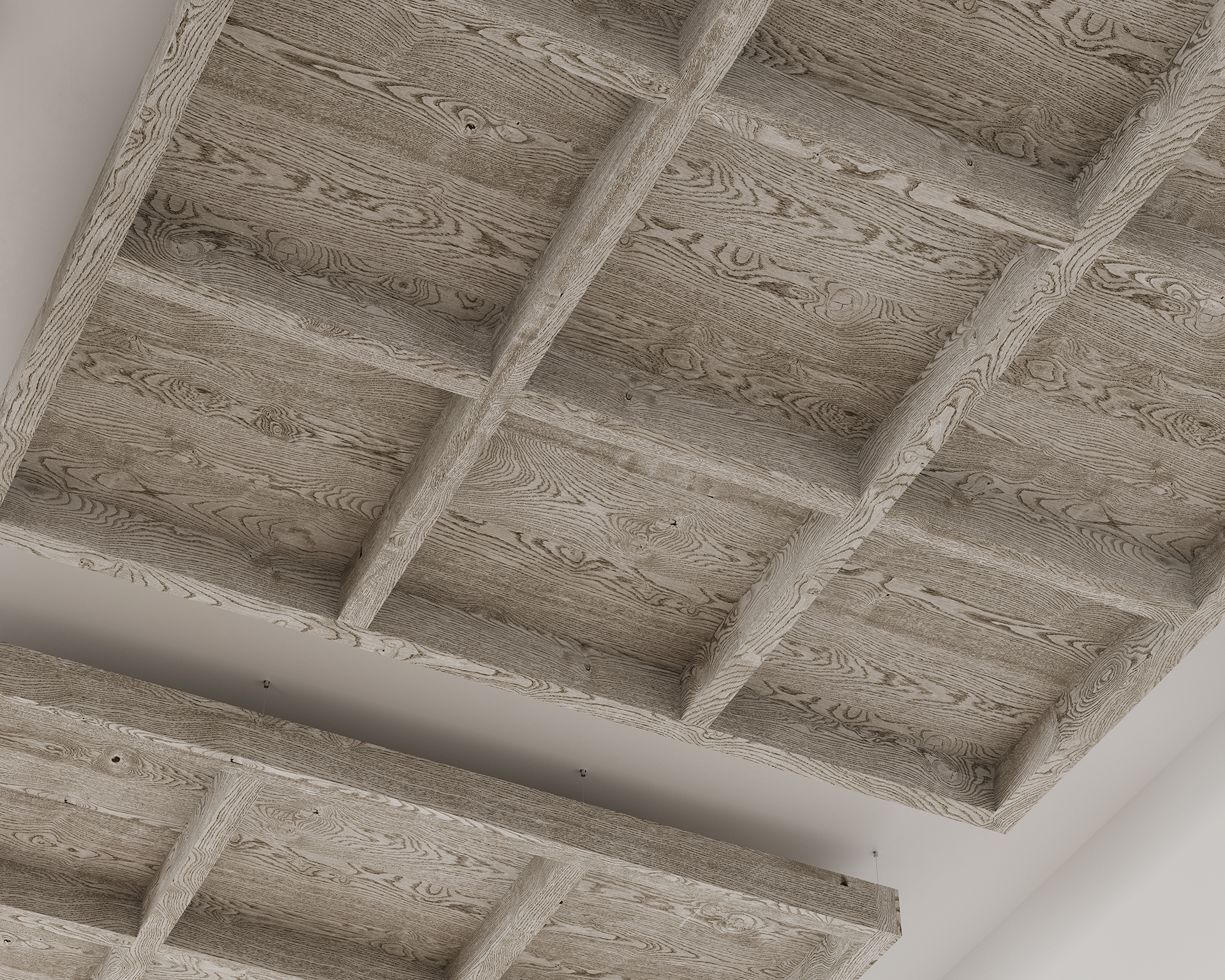 Acoustic felt ceiling with a natural, rustic texture, showcasing exposed beams in a crisscross pattern. The beams have a weathered appearance, giving an organic and sophisticated feel to the architecture.