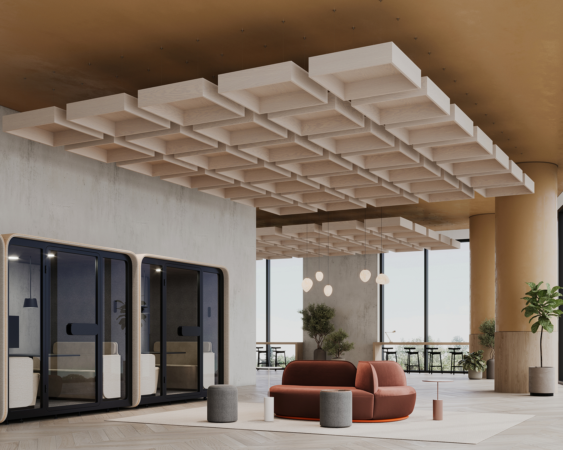 A modern, open office lounge boasts a distinctive waffle woodgrain acoustic felt ceiling design. It features a red sofa, round coffee tables, and enclosed meeting pods. Large windows bathe the space in natural light, while potted plants enhance the atmosphere throughout.