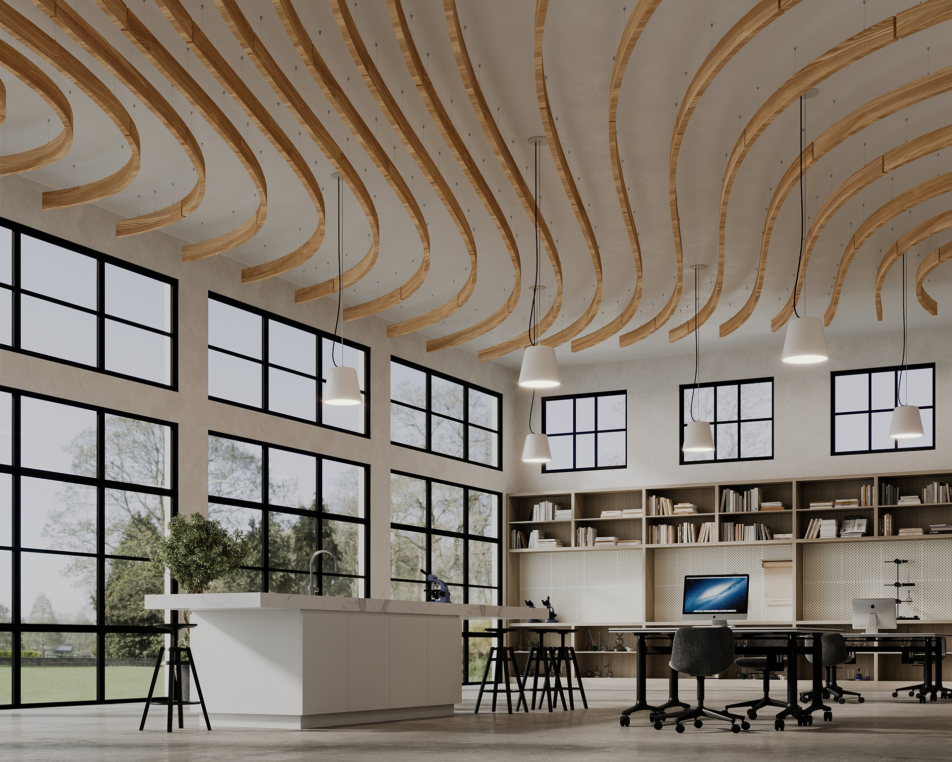 A modern office space with large windows, a curved woodprint acoustic felt baffled ceiling, and four pendant lights. The room features a central island with a sink, bookshelves, desks with computers, and chairs. Natural light fills the room, highlighting its open design.