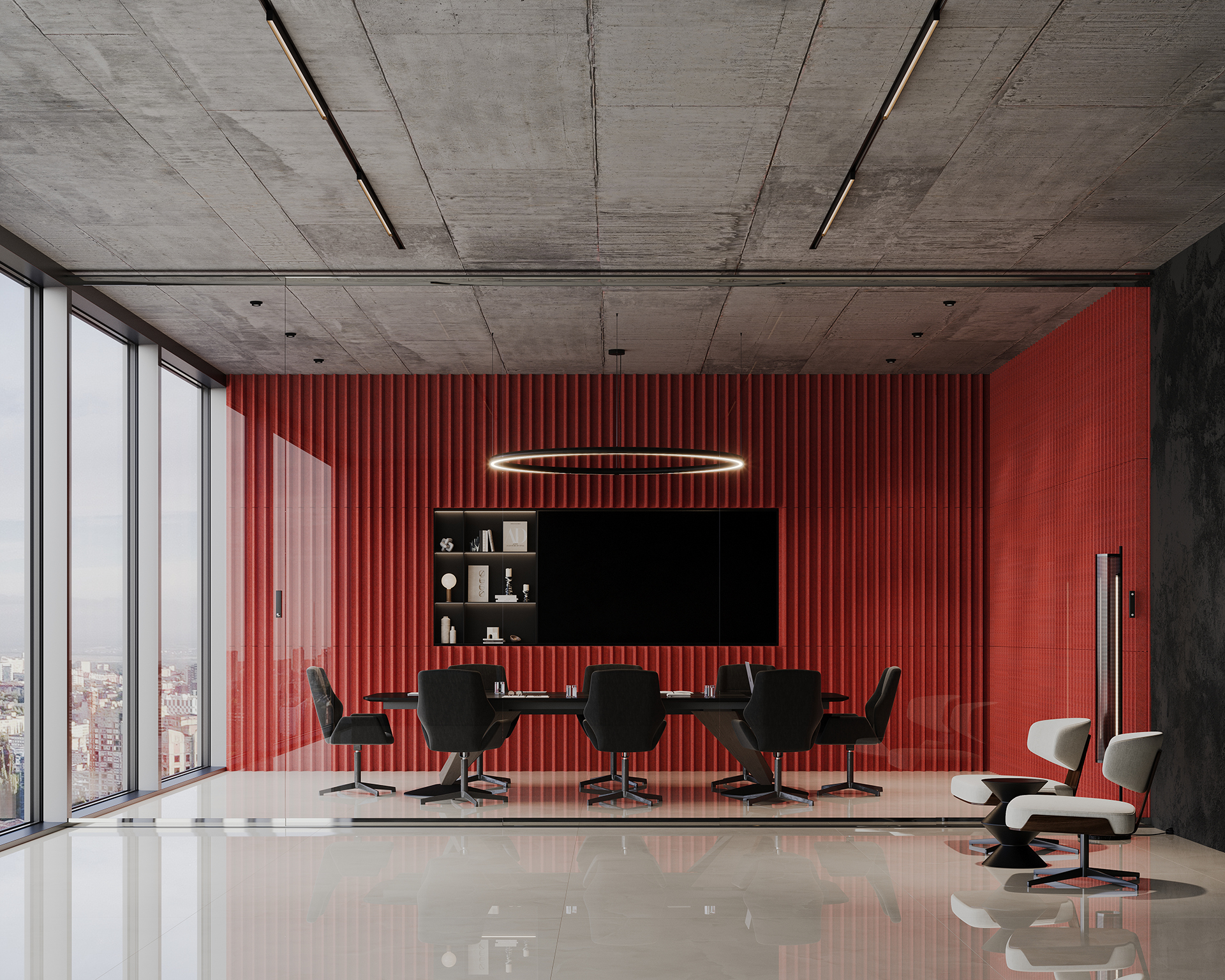 The modern conference room features a long table with swivel chairs, while a large screen is centered on a red acoustic felt textured wall. A ring-shaped ceiling light and floor-to-ceiling windows on the left offer views of the cityscape, embracing minimalist decor.