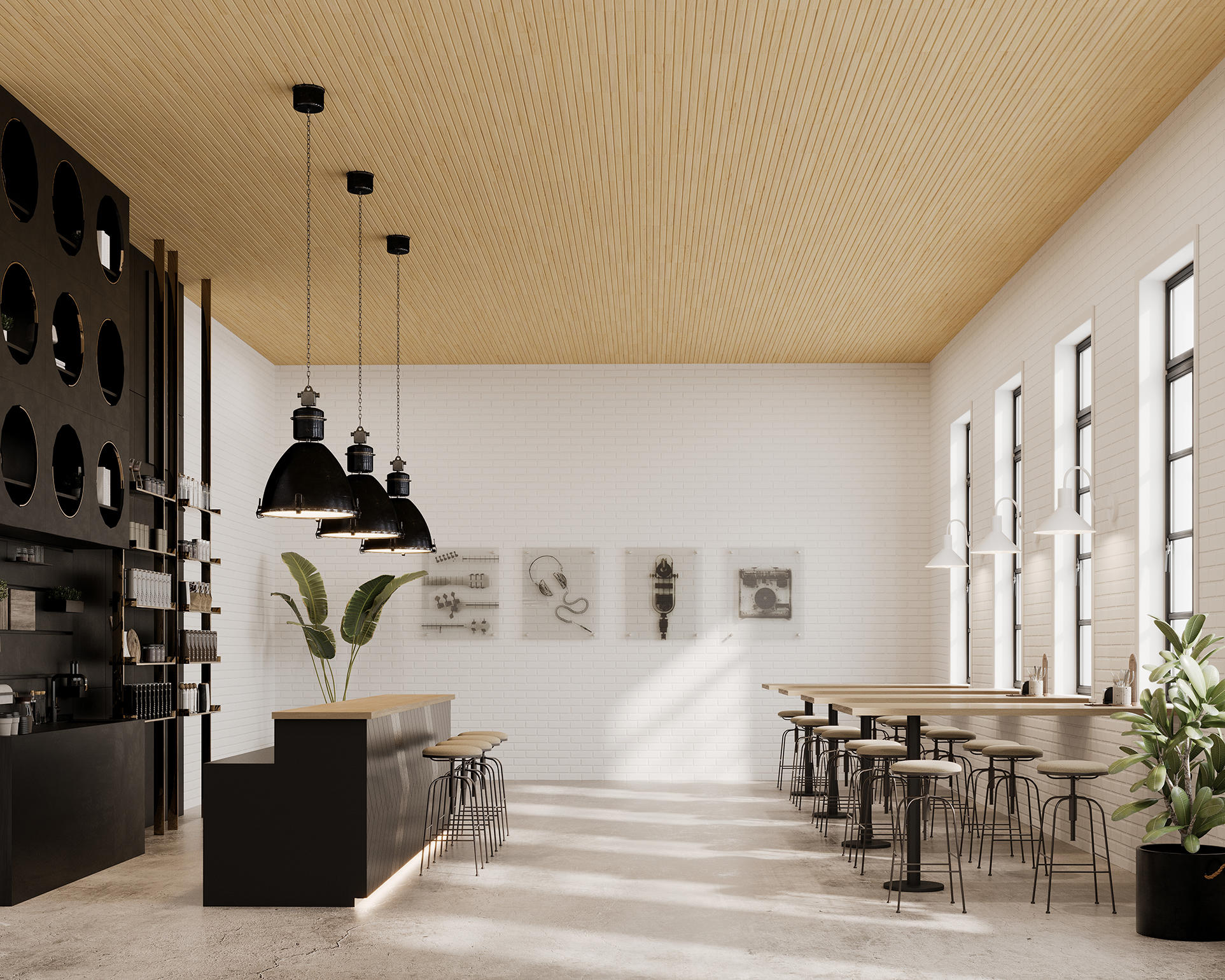 Minimalist coffee shop interior featuring a woodgrain acoustic felt ceiling, white brick walls, and large windows. Black pendant lights hang above a long black counter with stools, while wooden tables offer additional seating. Decorative wall art and plants create a bright and airy atmosphere.