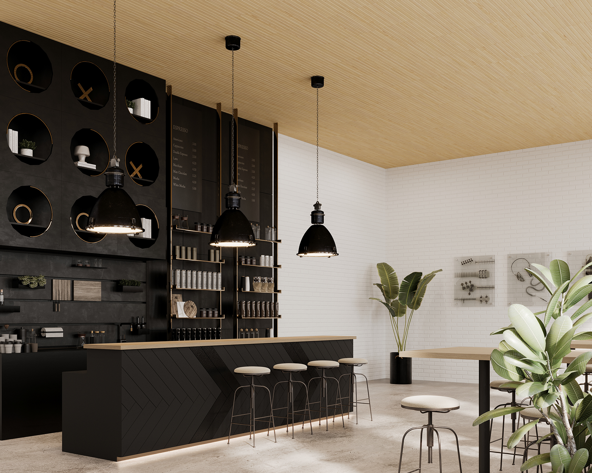 A modern cafe interior with a long black counter, bar stools, and a menu board. Pendant lights hang above the counter. A plant is next to a wooden table with high chairs. The design features black and white tones with woodgrain acoustic felt ceiling panels.