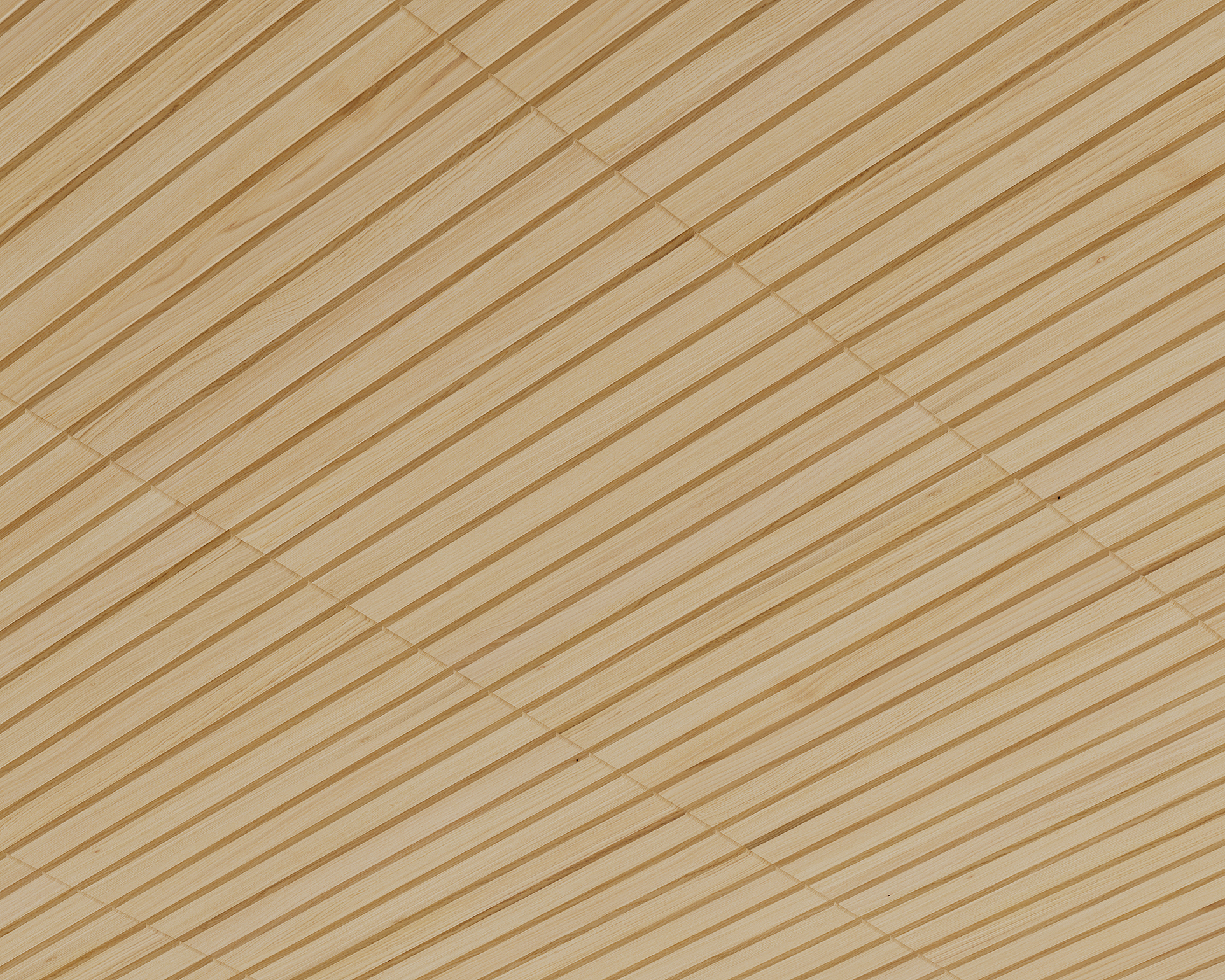 Close-up of a diagonal woodgrain acoustic felt slat ceiling with evenly spaced light brown planks. The pattern creates a modern geometric design with prominent lines and angles, casting subtle shadows that add depth and an acoustic calmness to the space.