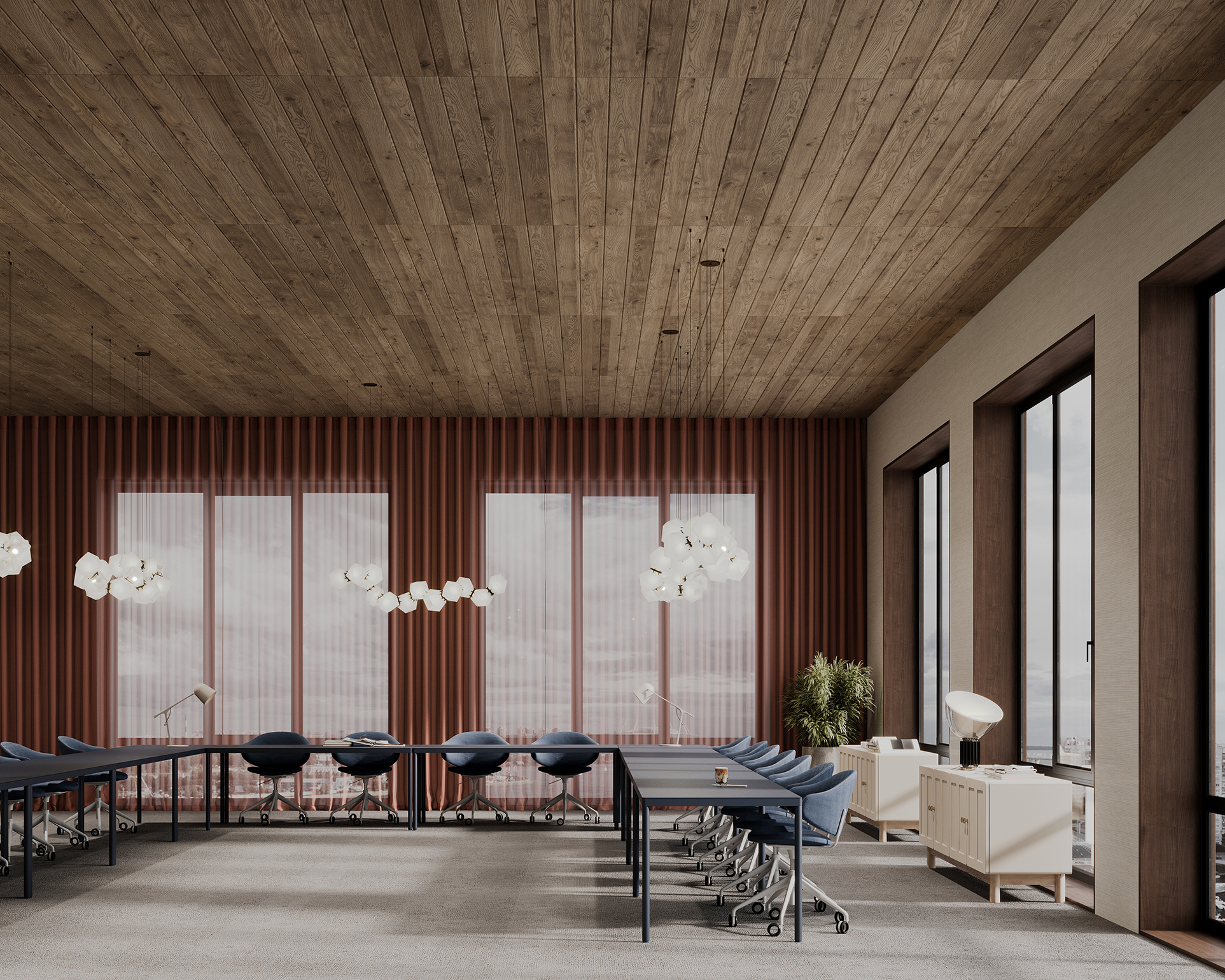 Modern office with woodgrain acoustic felt ceiling panels and large windows. Features include multiple desks with black chairs, hanging light fixtures, potted plants, and city views. Neutral tones and clean lines create a contemporary, airy atmosphere.