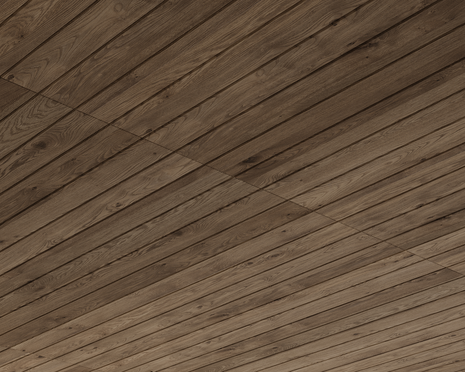 An acoustic felt ceiling with diagonal planks in a natural brown finish creates a textured appearance with subtle tone variations. The ceiling design forms a geometric pattern, enhanced by acoustic felt panels for added sound control and aesthetic appeal.