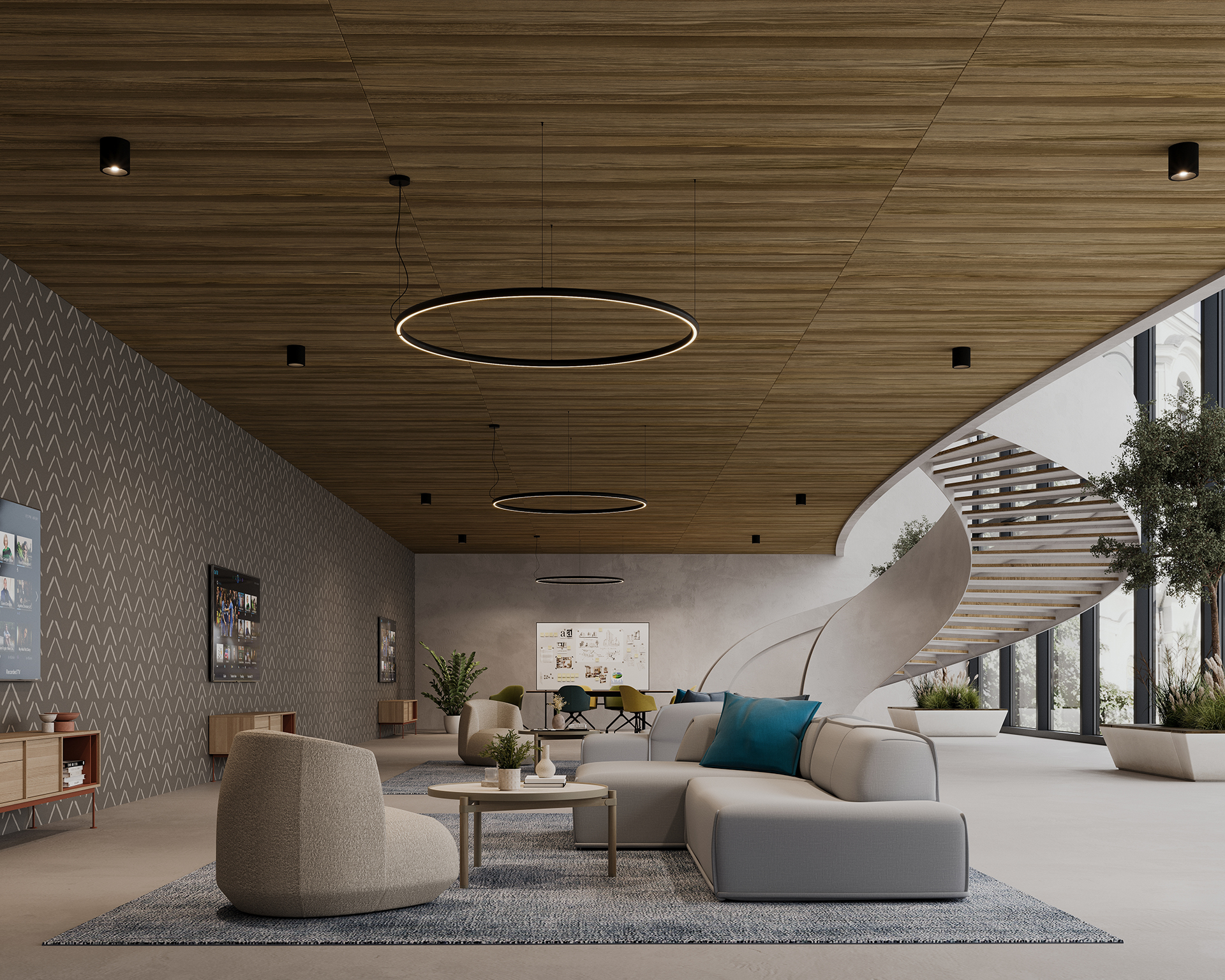 Modern living room with curved staircase, large windows, and a woodgrain acoustic felt ceiling. Features a white sectional sofa with blue cushions, a round coffee table, decorative plants, and circular pendant lights against a chevron-patterned accent wall.