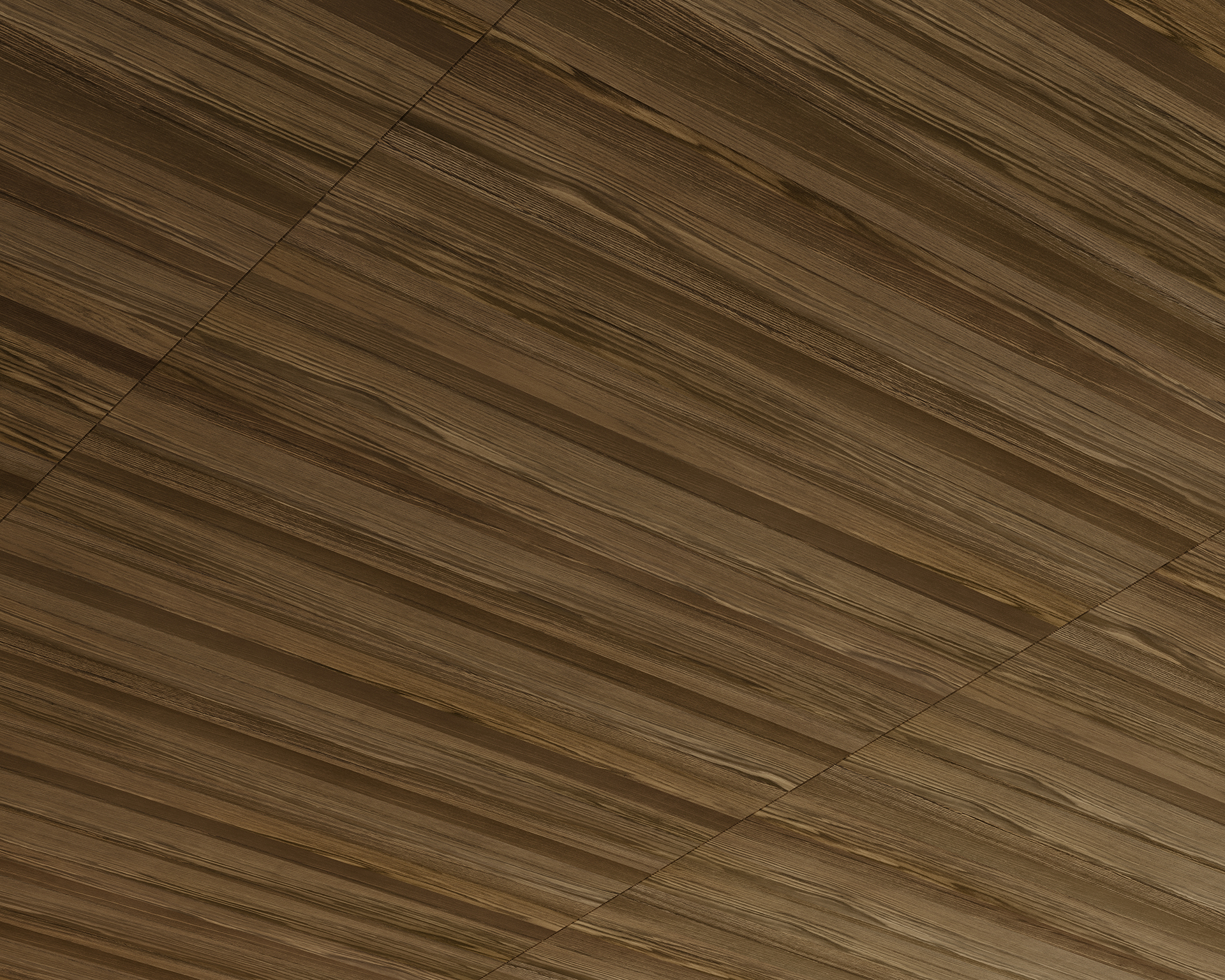 Close-up image of a woodgrain acoustic felt ceiling with horizontal planks in varying shades of brown, creating a textured and striped pattern. The woodgrain is visible, adding a natural and rustic appearance, enhanced by acoustic felt panels subtly integrated for sound insulation.