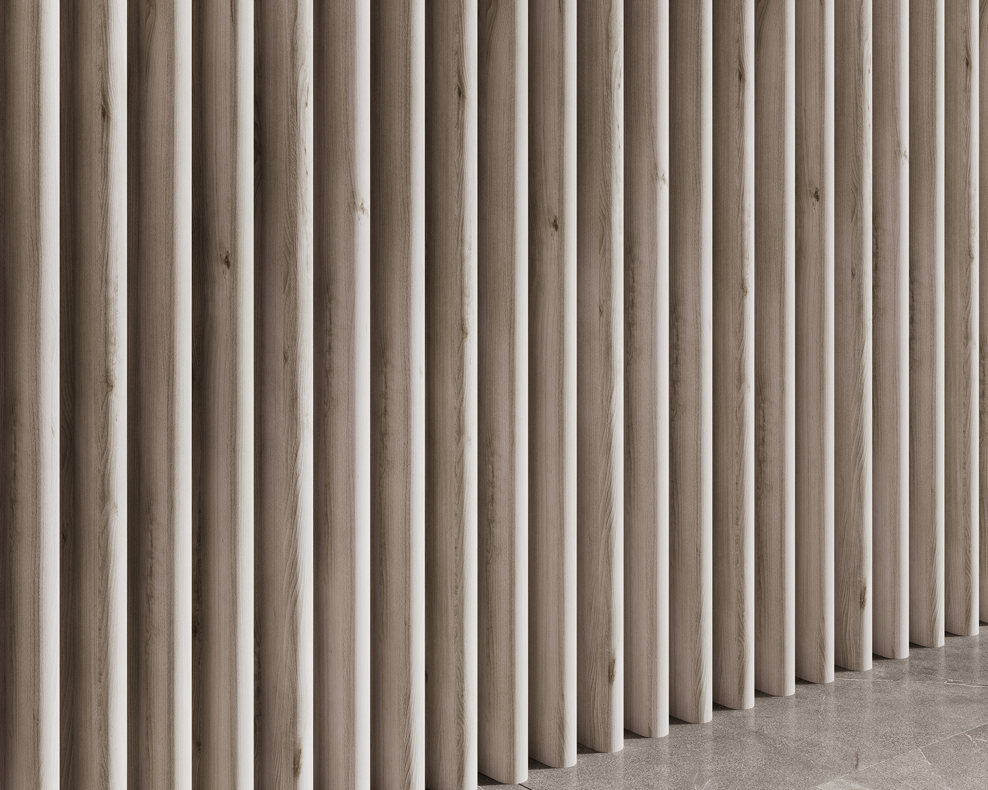 Woodgrain vertical acoustic felt slats create a modern, minimalist wall partition. The slats are evenly spaced and extend from floor to ceiling, casting subtle shadows on a shiny, light gray floor. The woodgrain texture adds a natural element to the design.