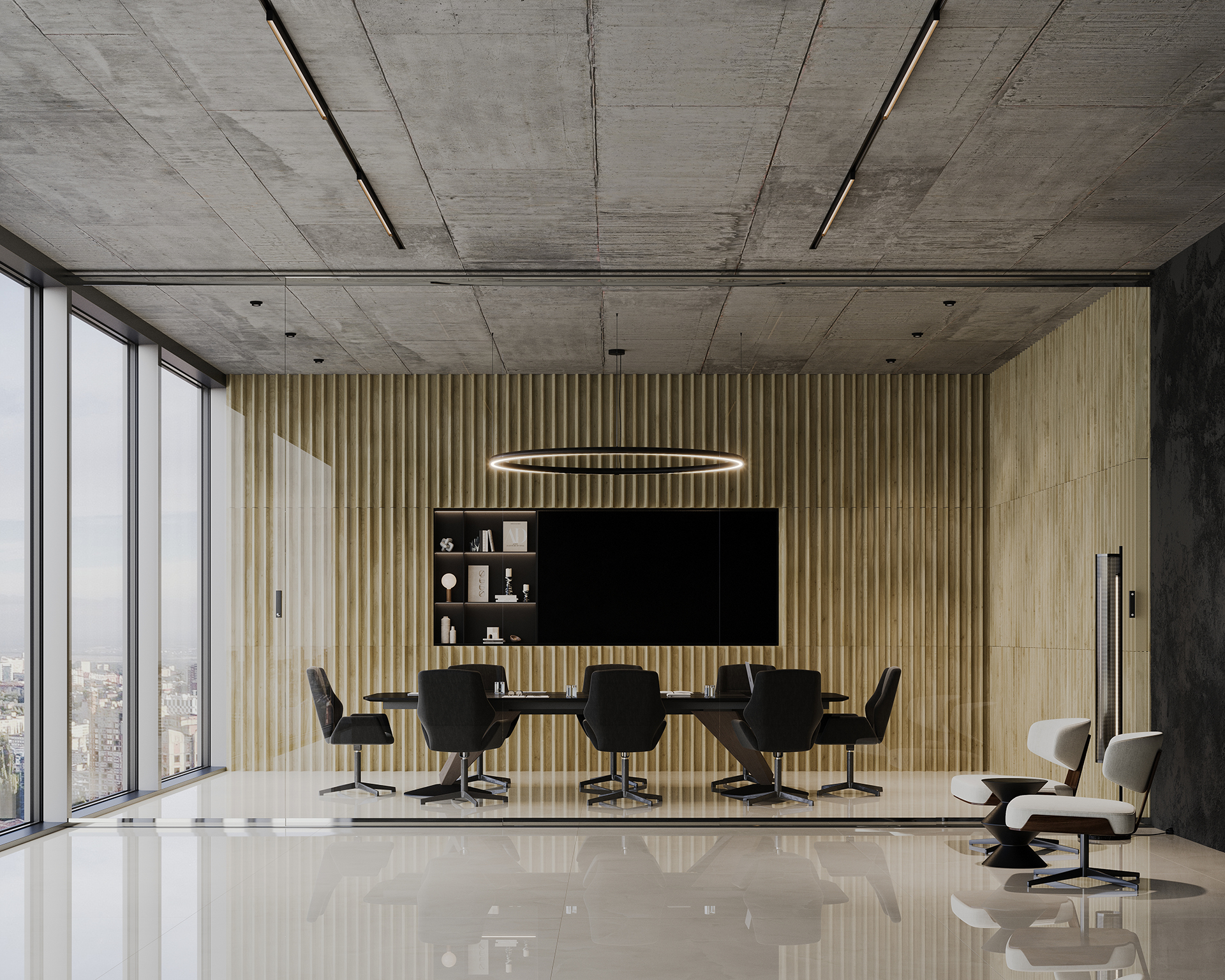 A modern and spacious conference room featuring a woodgrain acoustic felt accent wall. The room's large table, several chairs, and circular light fixture contribute to its appeal. Large windows provide a stunning city view, all complementing the minimalist decor with a neutral color palette.