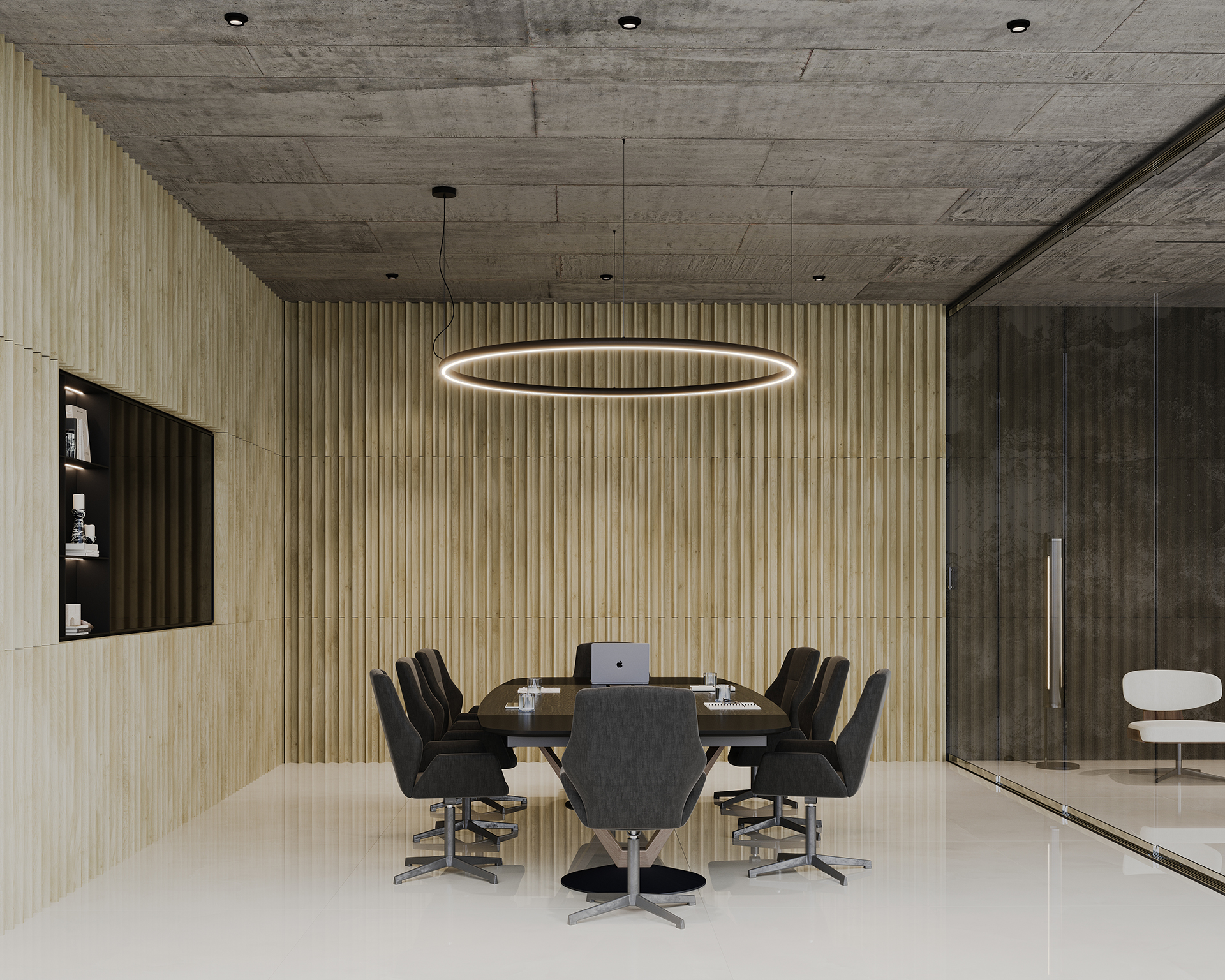 Modern conference room with a sleek wooden table surrounded by black chairs. A circular ceiling light hangs above, and a wall shelf displays decor. The room features an acoustic felt wall panel with woodgrain texture and a polished white floor, creating a sophisticated ambiance.