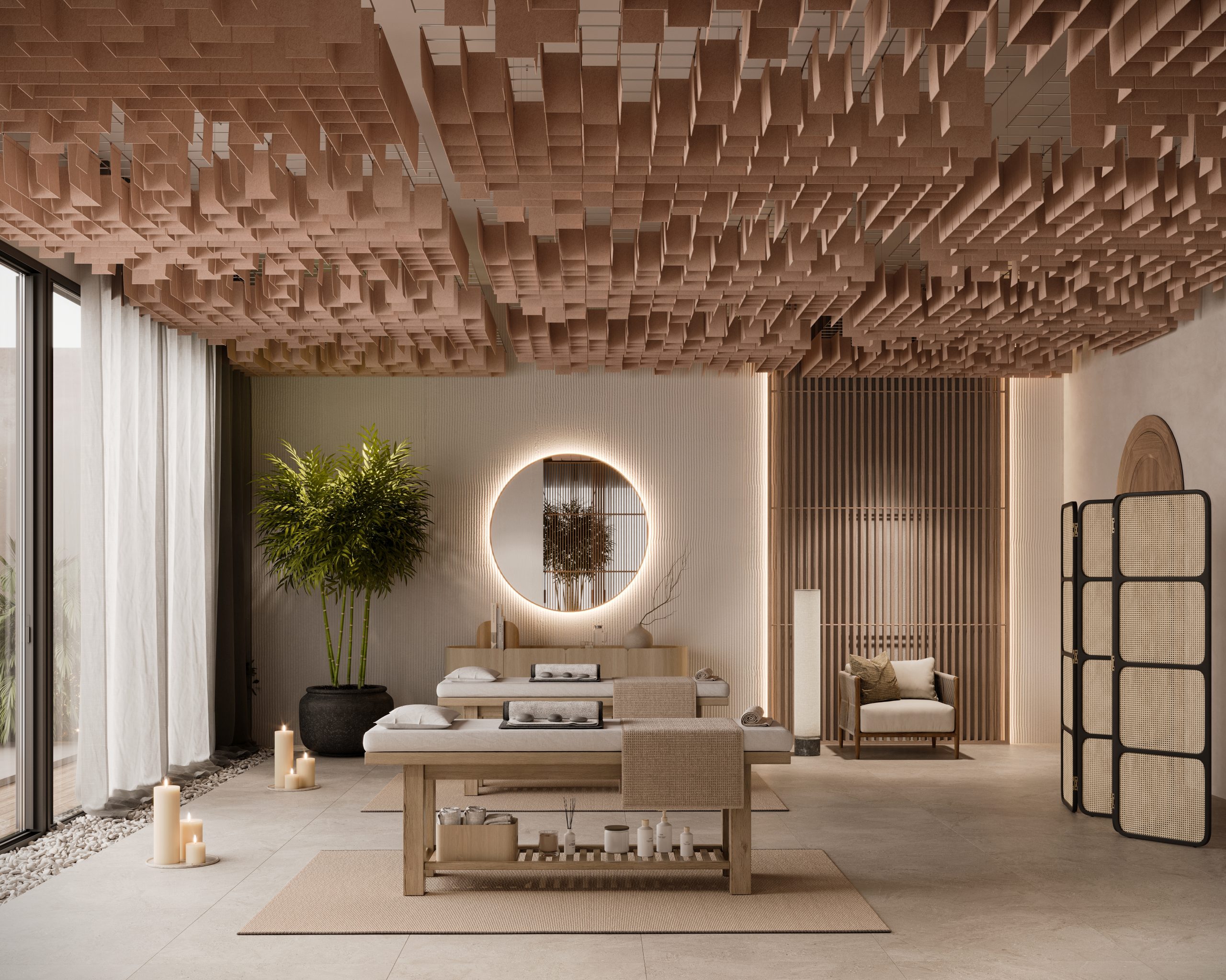 A serene spa room features two massage tables, a circular mirror with ambient lighting, and an acoustic felt ceiling. Soft lighting, potted plants, and candles create a relaxing atmosphere.