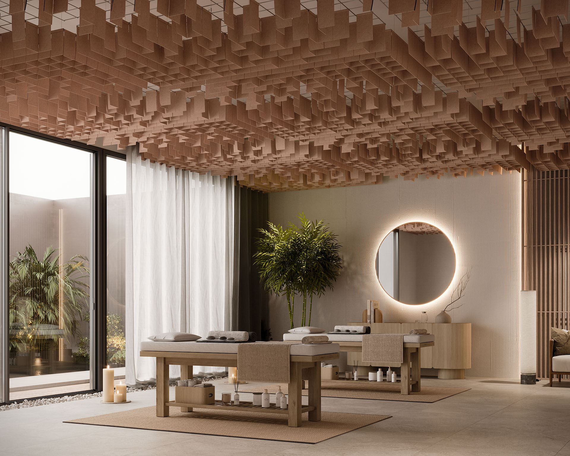 Modern spa interior with two massage tables, soft lighting, and a circular mirror. A ceiling adorned with acoustic felt clouds adds texture, resembling floating clouds. Large windows reveal a view of greenery, while folded towels and candles enhance the tranquil atmosphere.