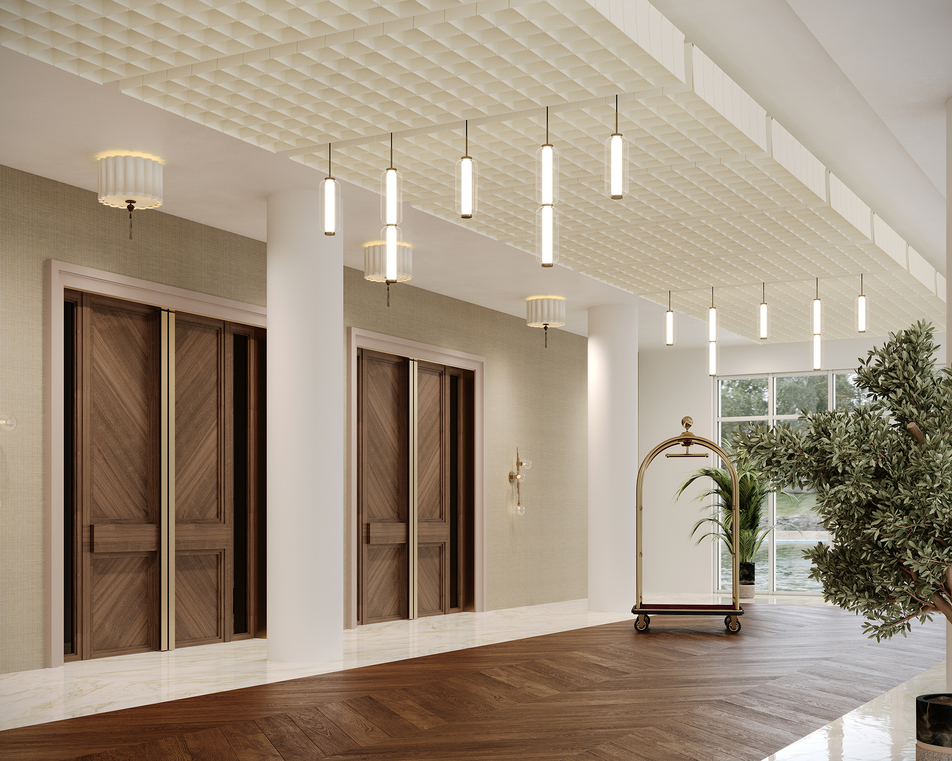 A chic hotel lobby features two wooden elevators with herringbone-patterned doors. Modern cylindrical lights float beneath an acoustic felt ceiling. A potted tree and luggage cart stand on the polished floor beside large windows, creating a natural sanctuary amid urban sophistication.