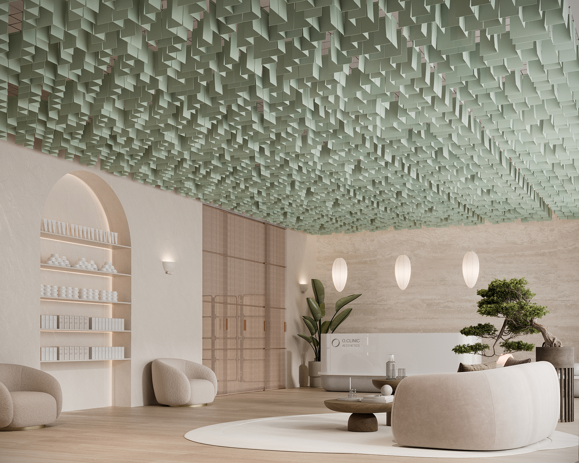 A modern interior boasts a ceiling adorned with green geometric acoustic felt panels, reminiscent of acoustic felt clouds. The room features beige chairs, a round table, a bonsai tree, and pendant lights. On the left, shelves with products and a large arched bookshelf complement the neutral tones throughout.