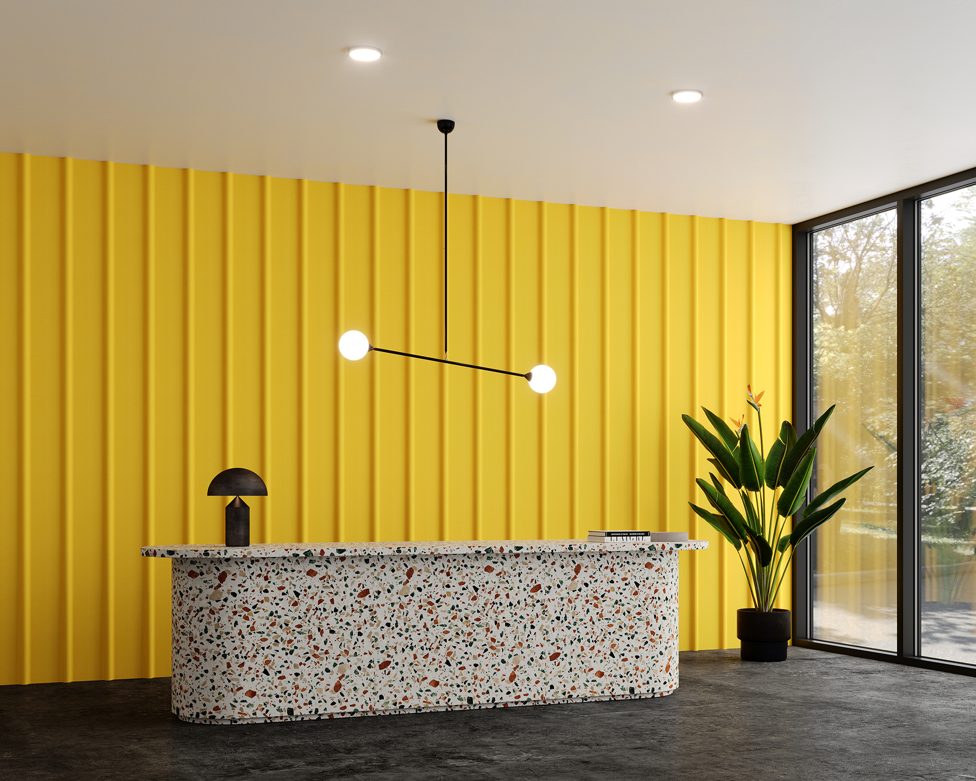 A modern lobby features a terrazzo reception desk with a black lamp. A pendant light hangs above. The yellow acoustic felt paneled wall contrasts with the gray floor, enhanced by acoustic felt tiles. A large potted plant sits by a window, revealing a sunny outdoor view.